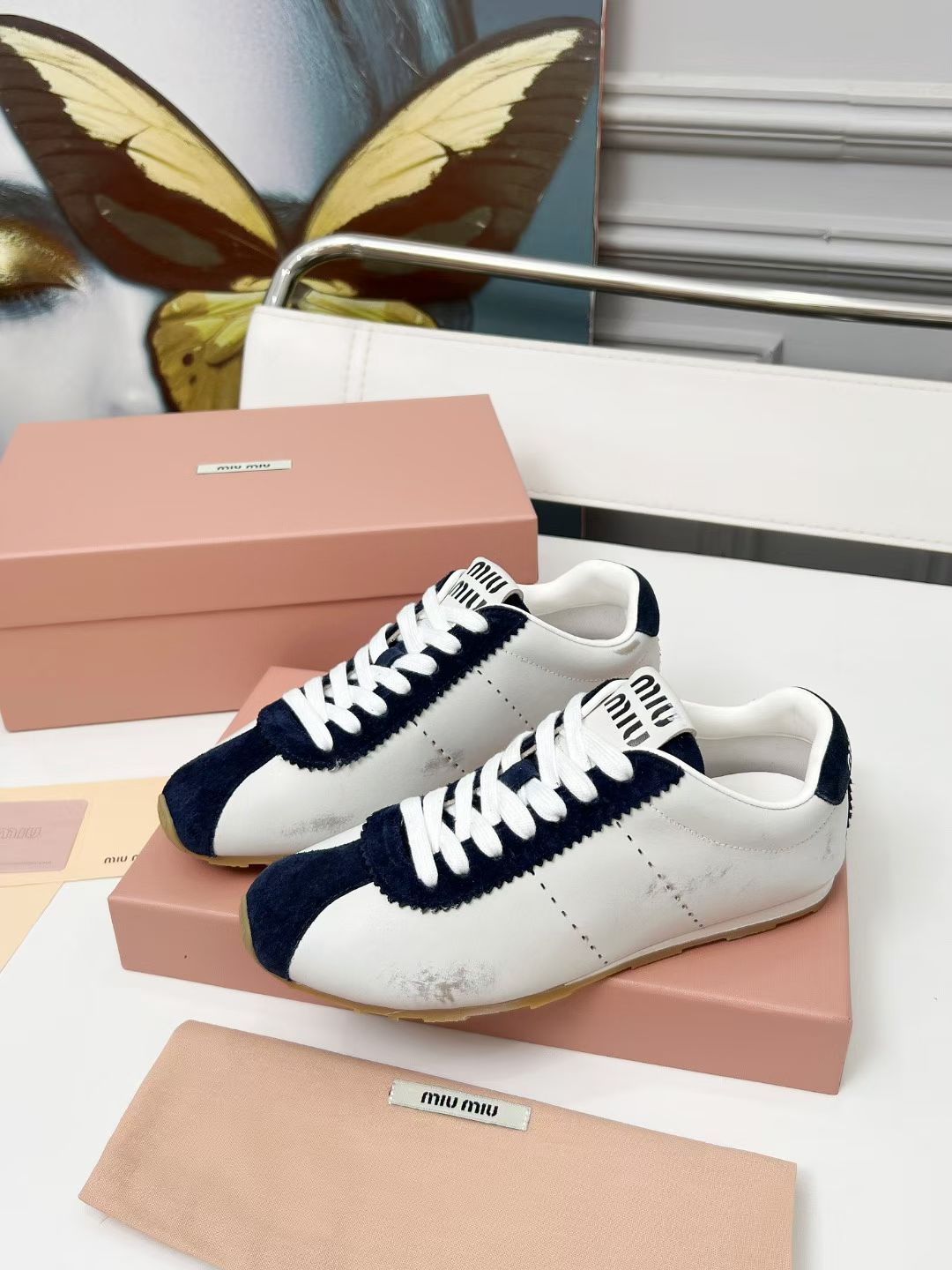 Miu Plume Sneakers Navy Blue White Cowhide Suede  456353