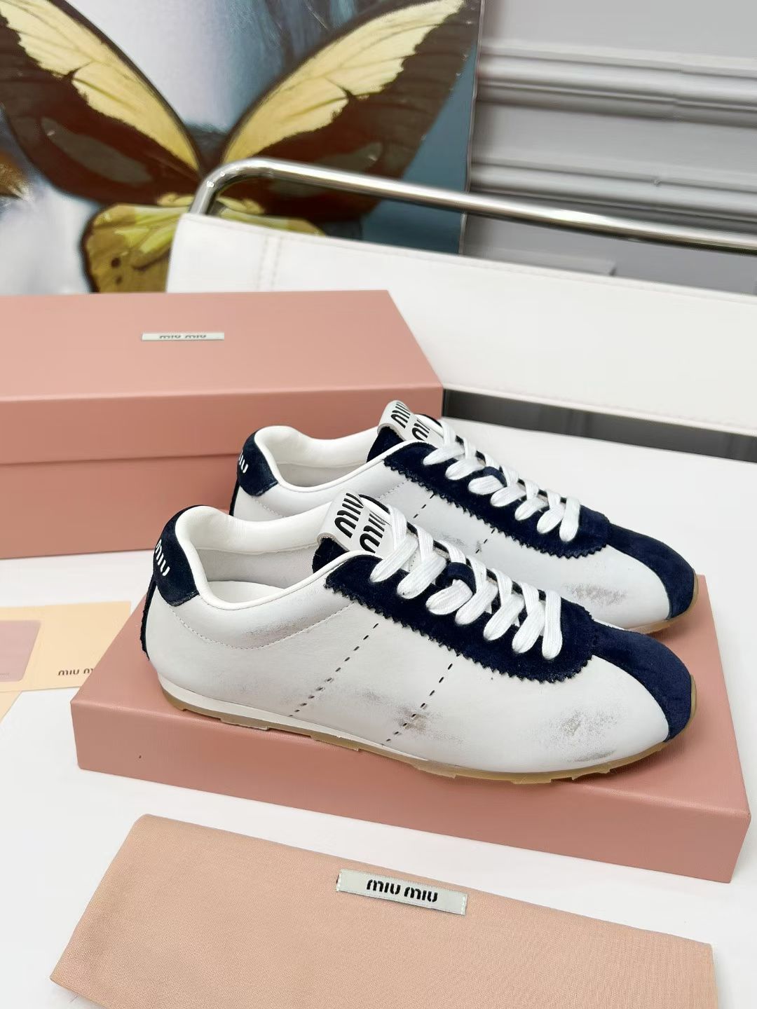 Miu Plume Sneakers Navy Blue White Cowhide Suede  456353
