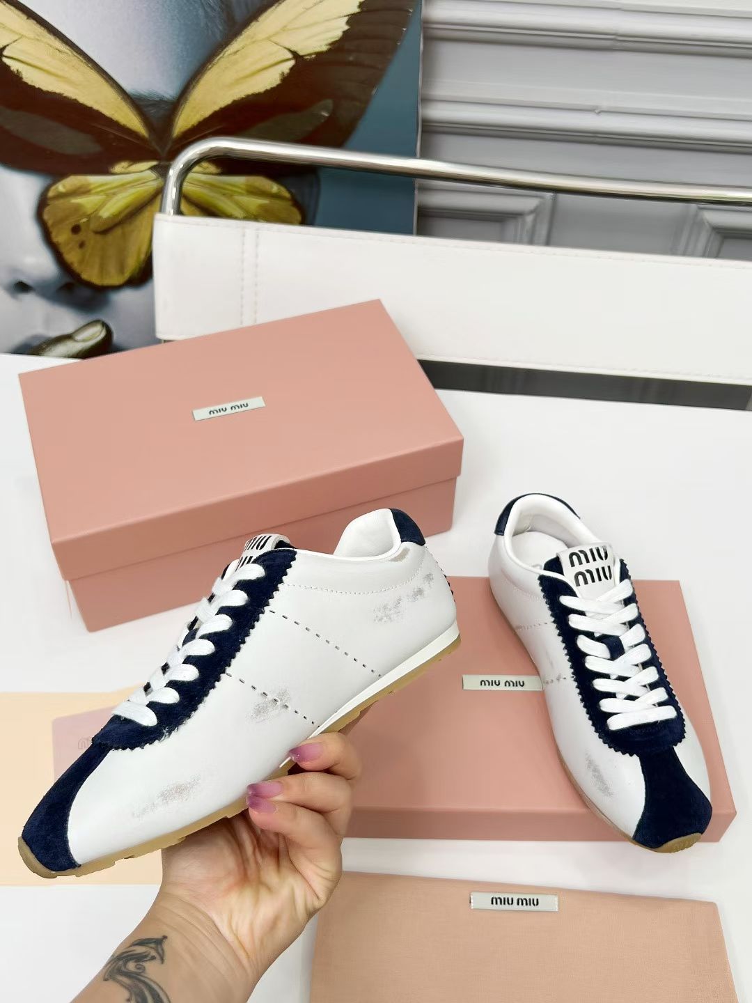 Miu Plume Sneakers Navy Blue White Cowhide Suede  456353