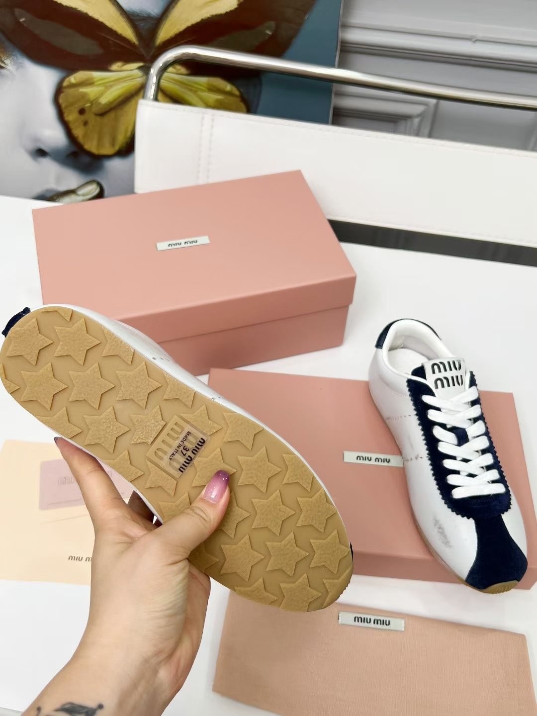Miu Plume Sneakers Navy Blue White Cowhide Suede  456353