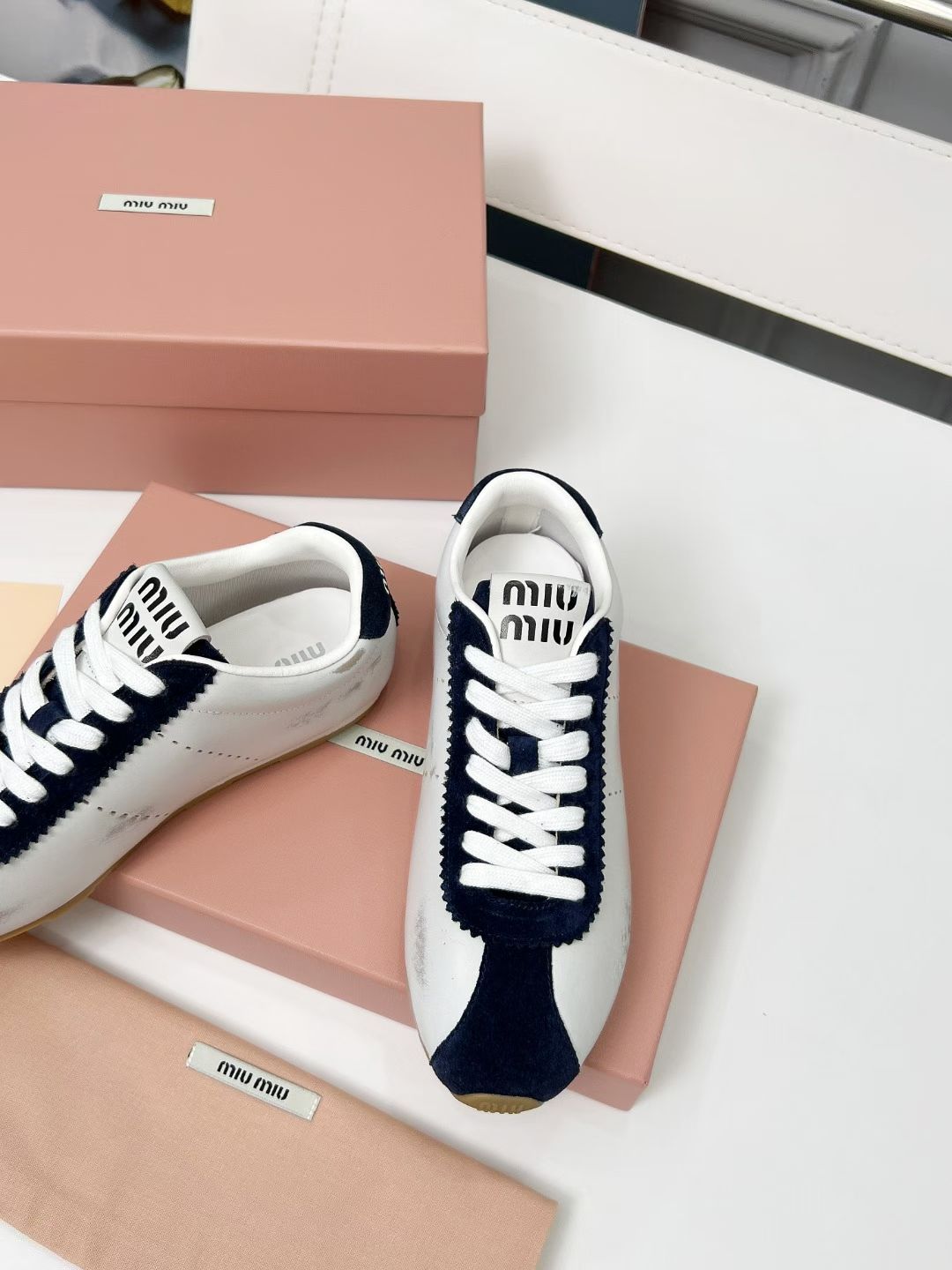 Miu Plume Sneakers Navy Blue White Cowhide Suede  456353