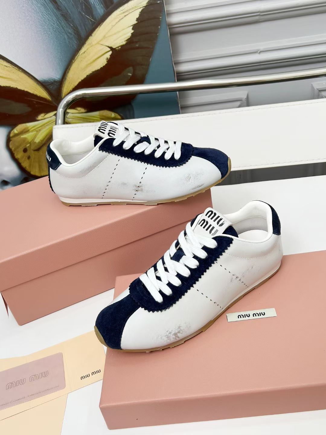 Miu Plume Sneakers Navy Blue White Cowhide Suede  456353