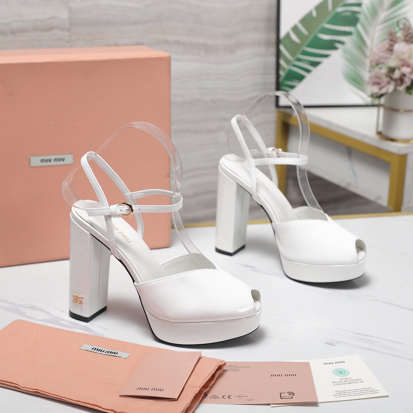 Miu Block-Heel Platform Sandals 125mm White Patent Leather 504174
