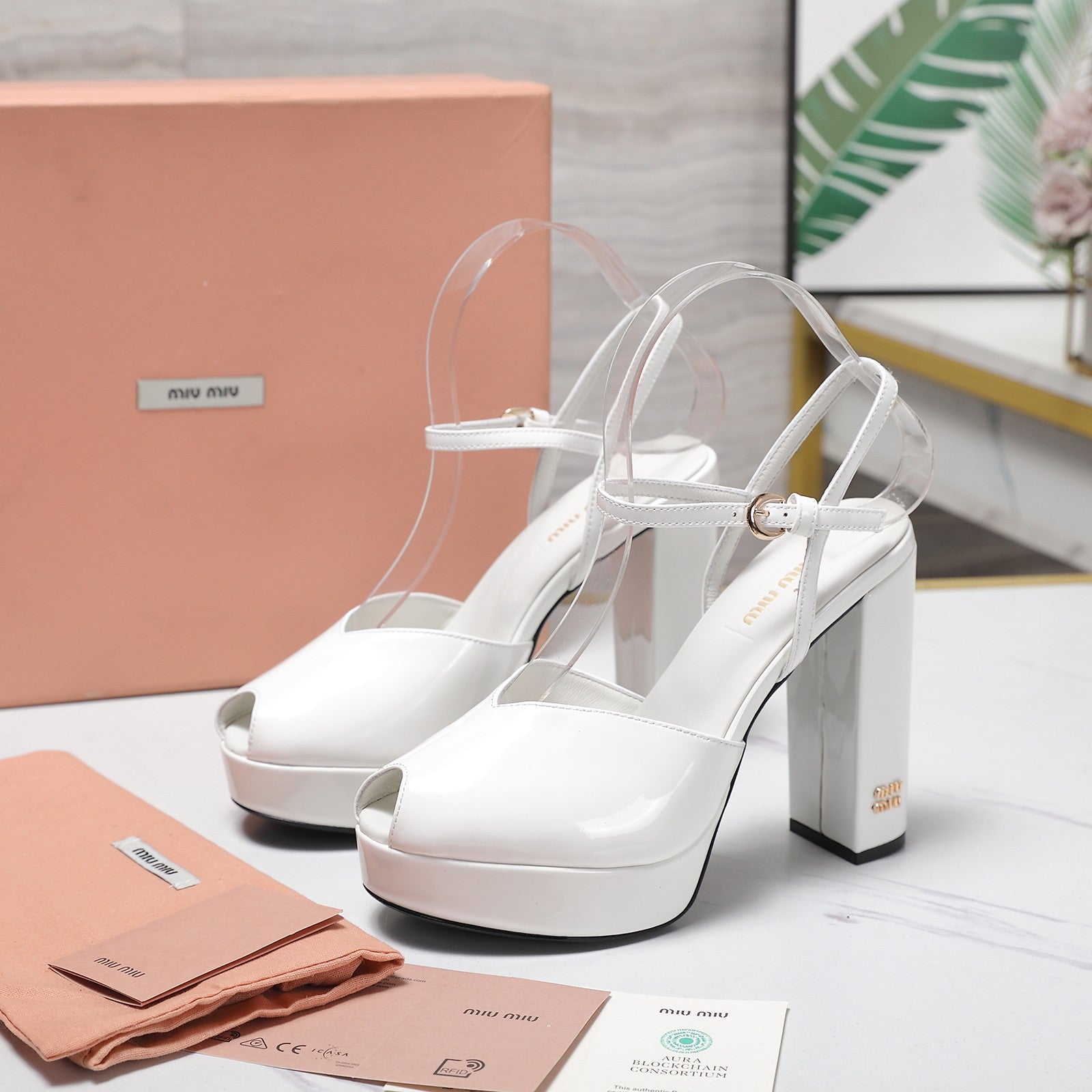 Miu Block-Heel Platform Sandals 125mm White Patent Leather 504174