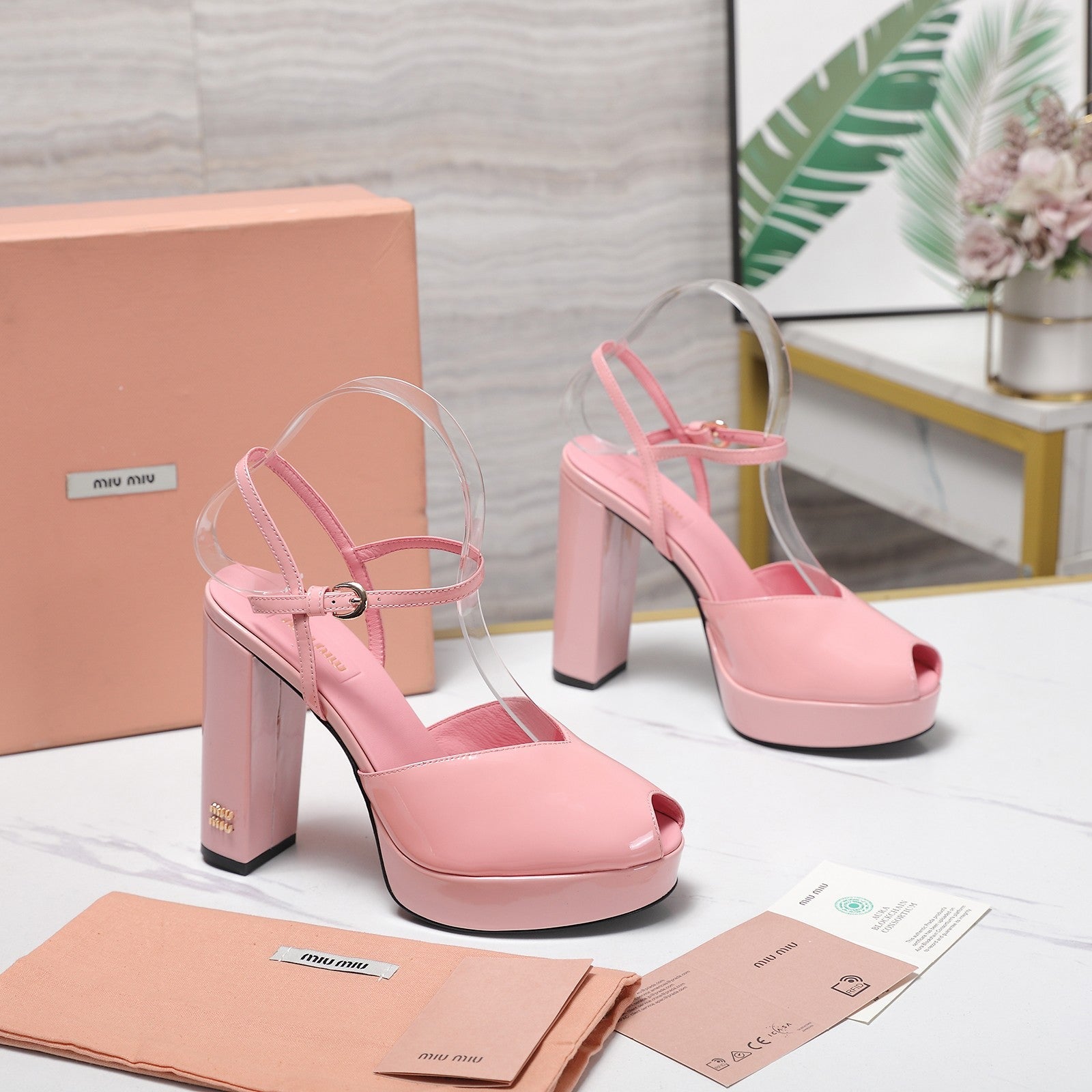 Miu Block-Heel Platform Sandals 125mm Pink Patent Leather 504175