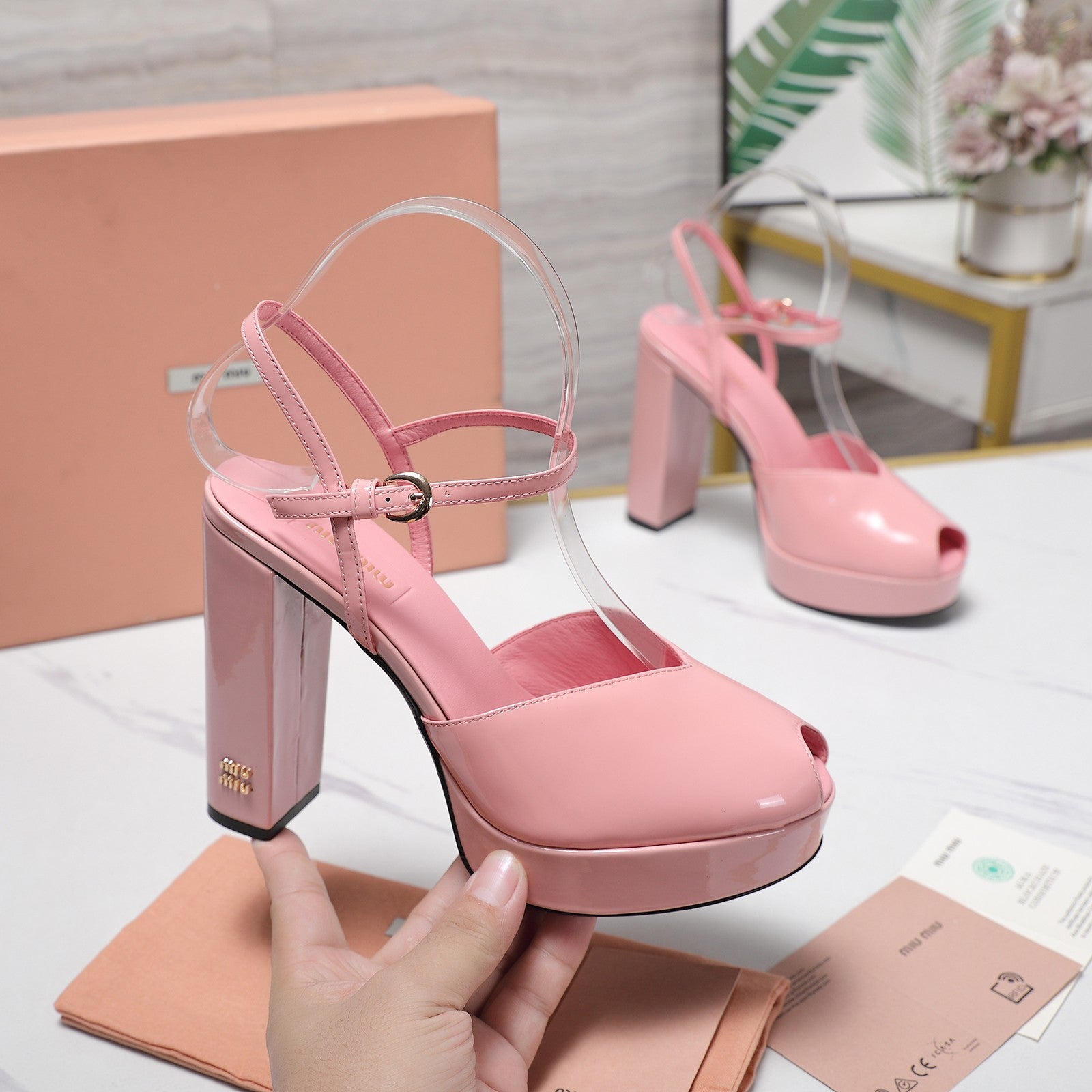 Miu Block-Heel Platform Sandals 125mm Pink Patent Leather 504175