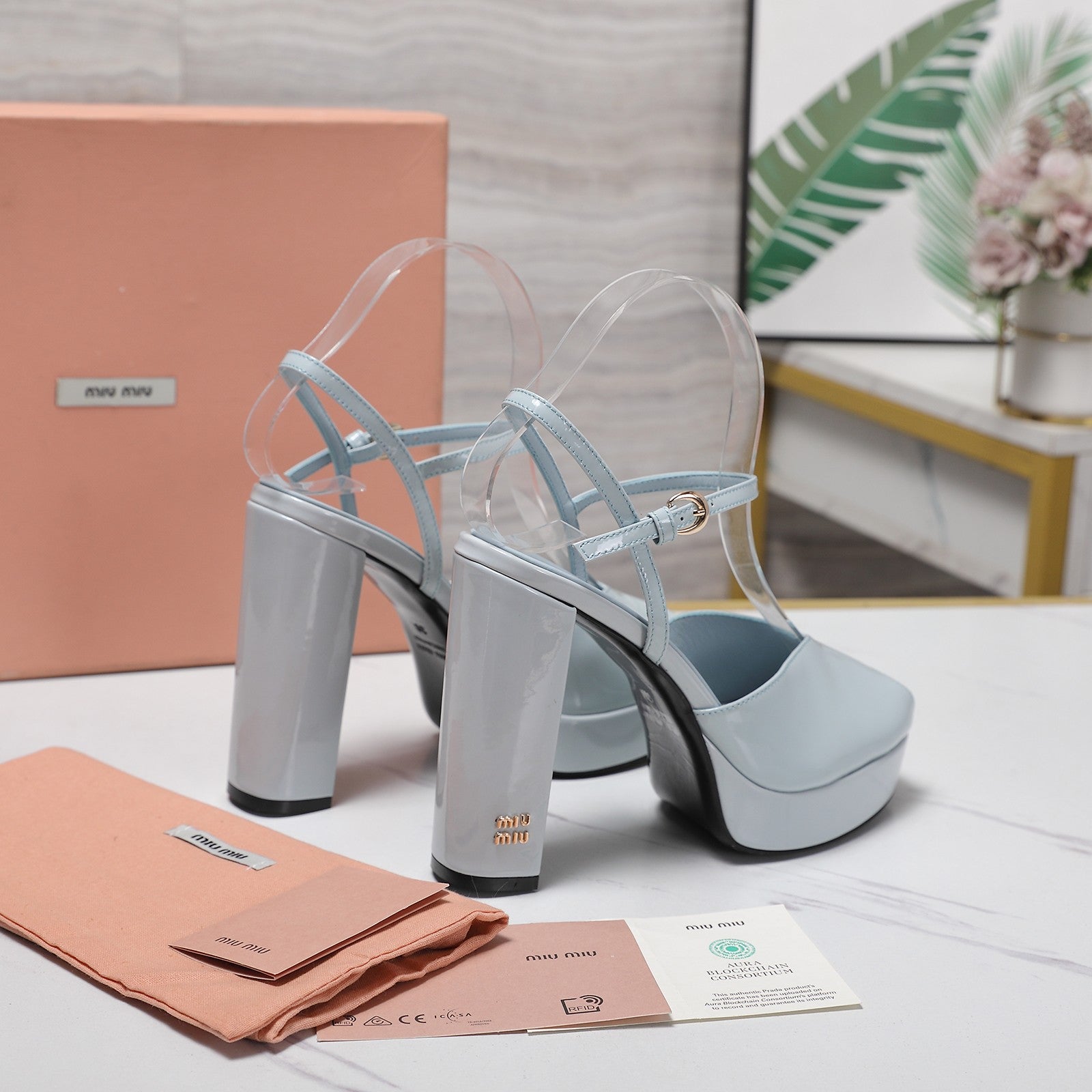 Miu Block-Heel Platform Sandals 125mm Light Steel Blue Patent Leather 504176
