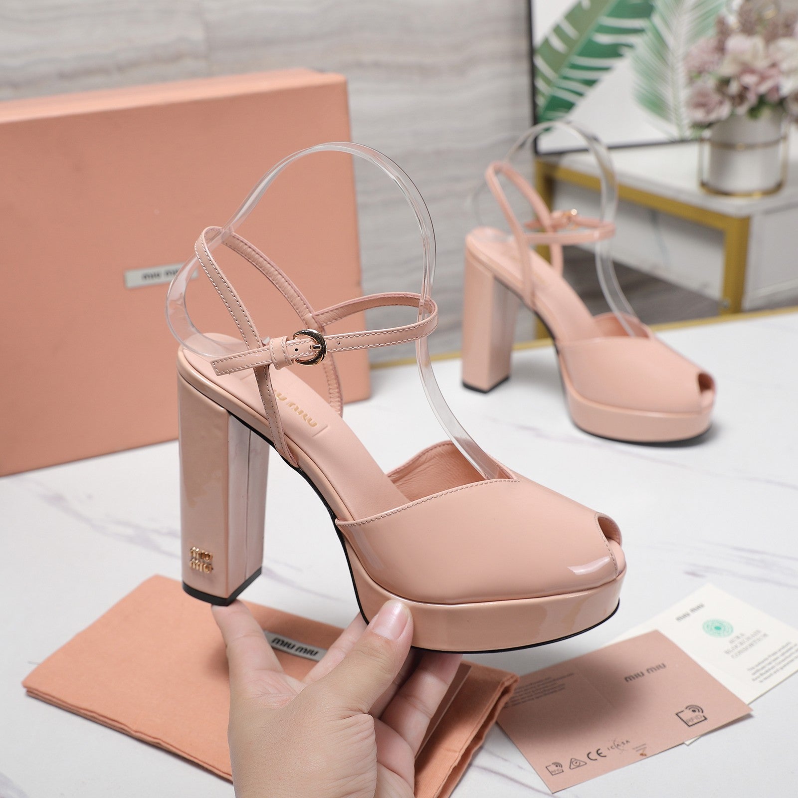 Miu Block-Heel Platform Sandals 125mm Muted Pink Patent Leather 504177