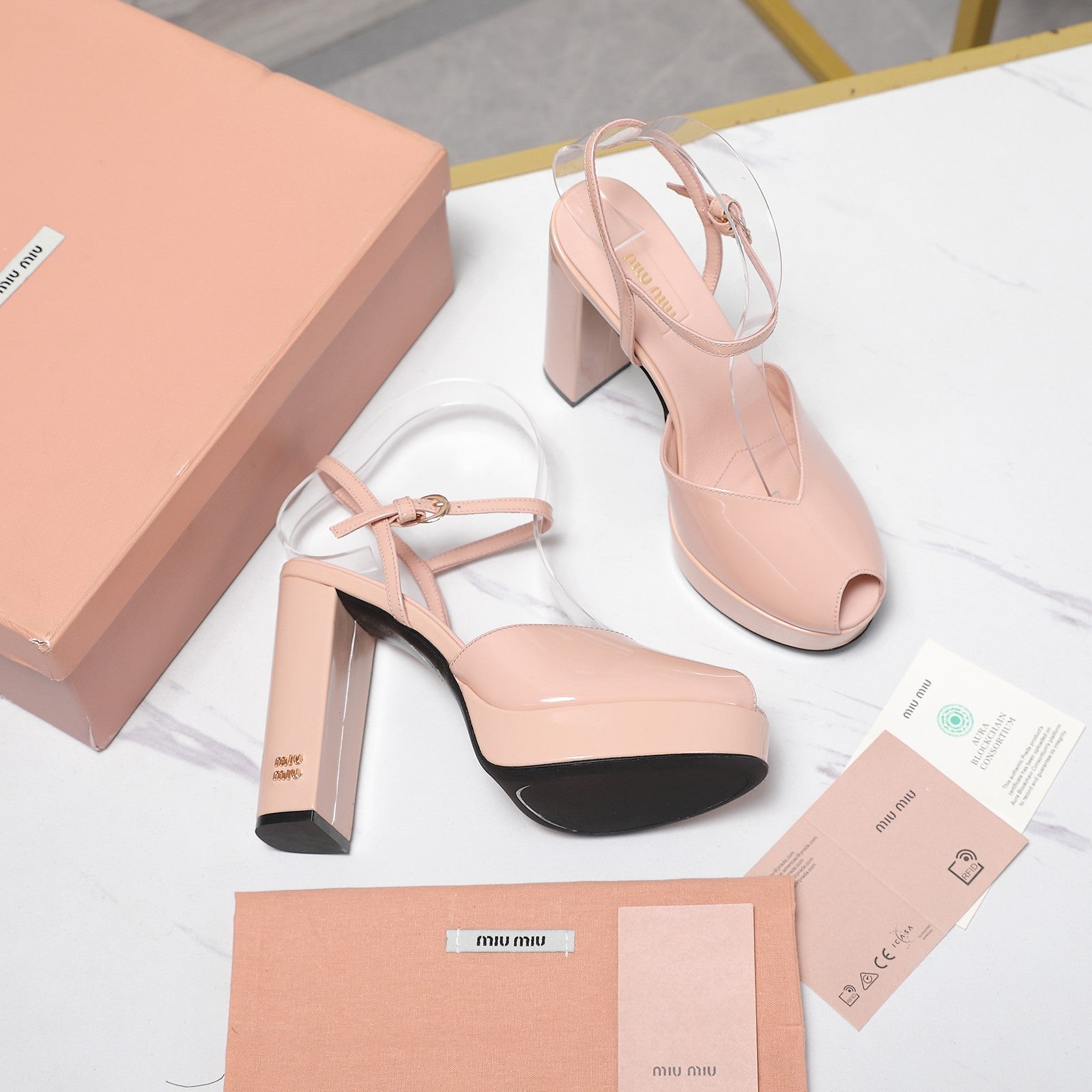 Miu Block-Heel Platform Sandals 125mm Muted Pink Patent Leather 504177