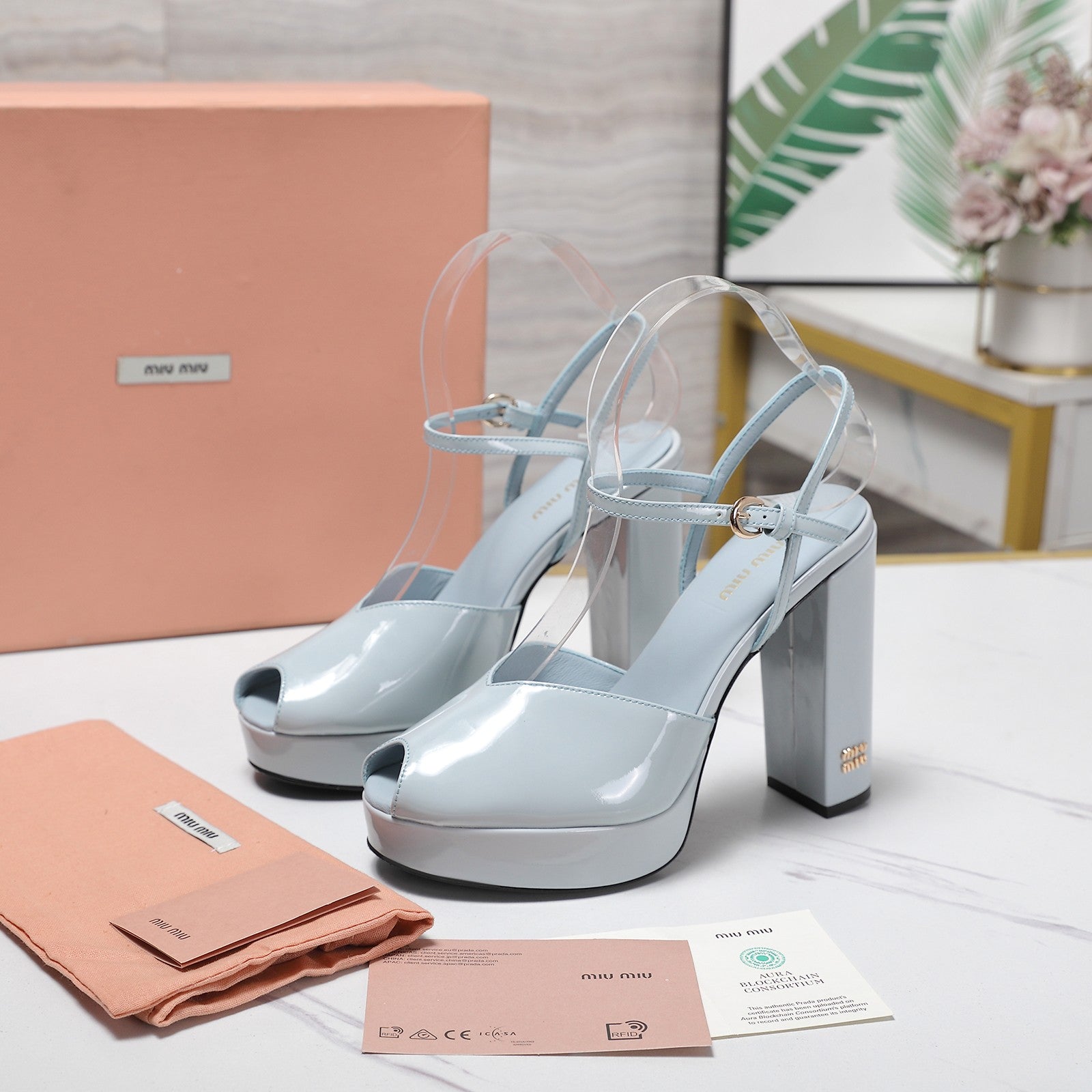 Miu Block-Heel Platform Sandals 125mm Light Steel Blue Patent Leather 504176