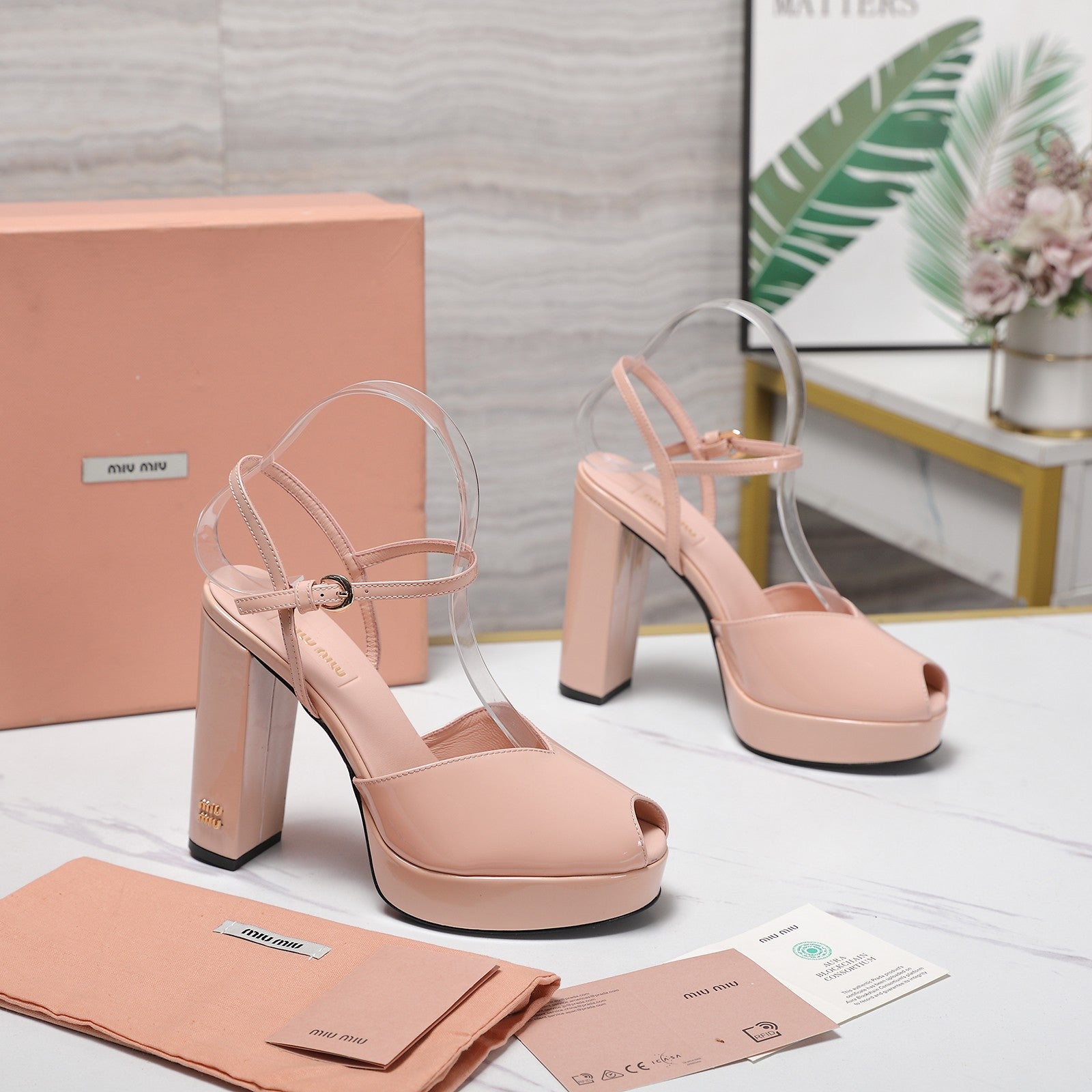 Miu Block-Heel Platform Sandals 125mm Muted Pink Patent Leather 504177
