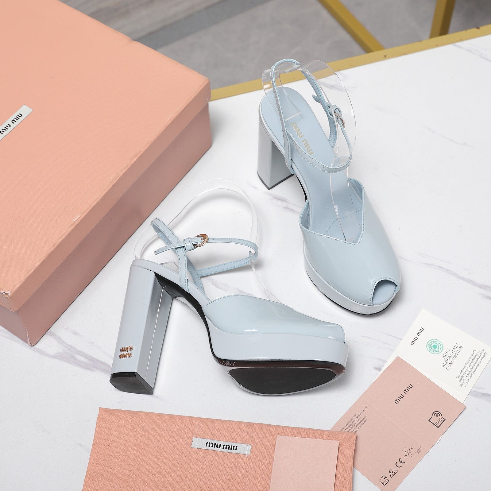 Miu Block-Heel Platform Sandals 125mm Light Steel Blue Patent Leather 504176