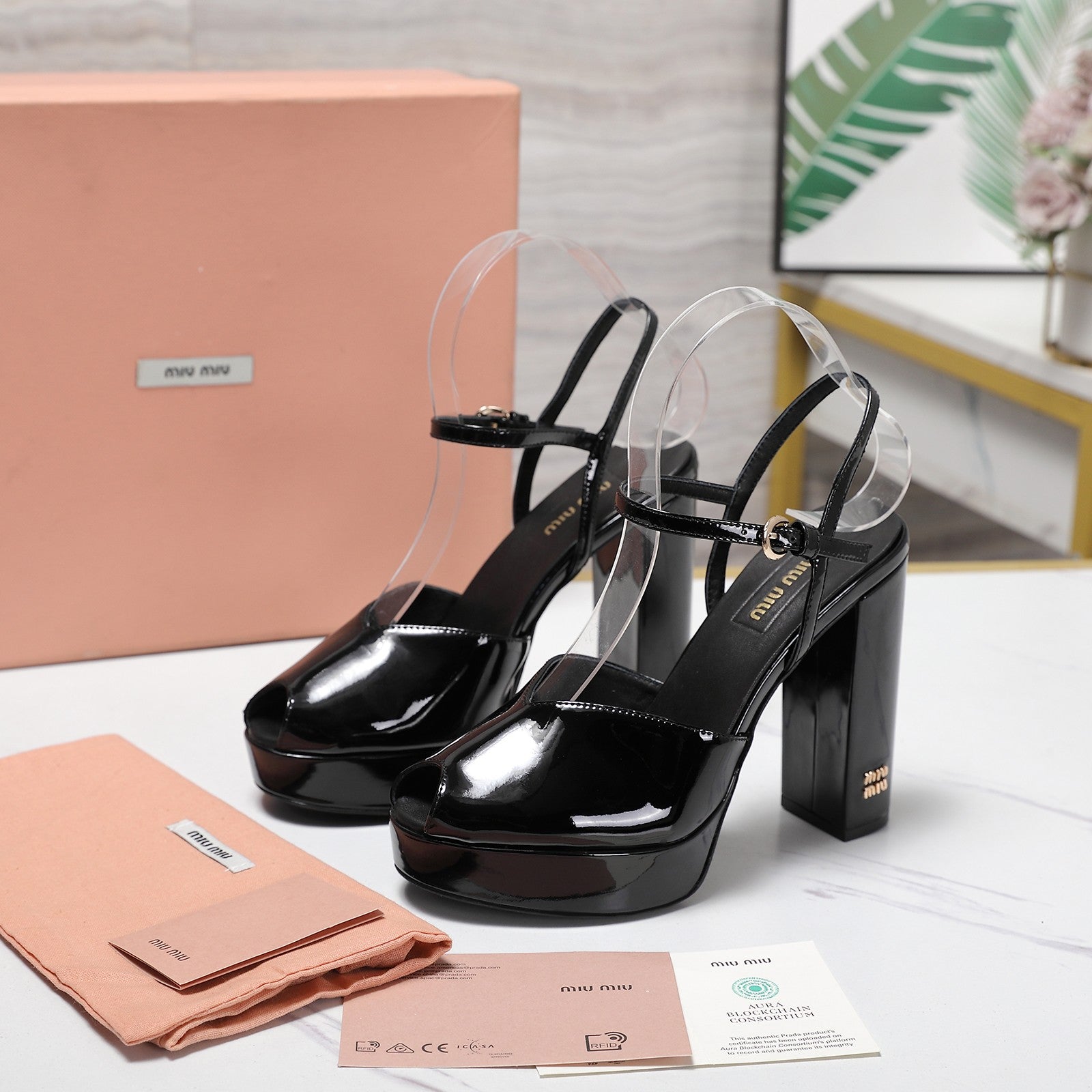 Miu Block-Heel Platform Sandals 125mm Black Patent Leather 504179
