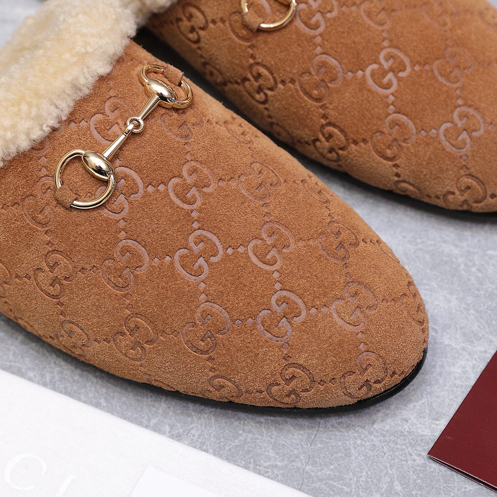 GG Horsebit Mules with Brown Insole Suede Shearing 547328