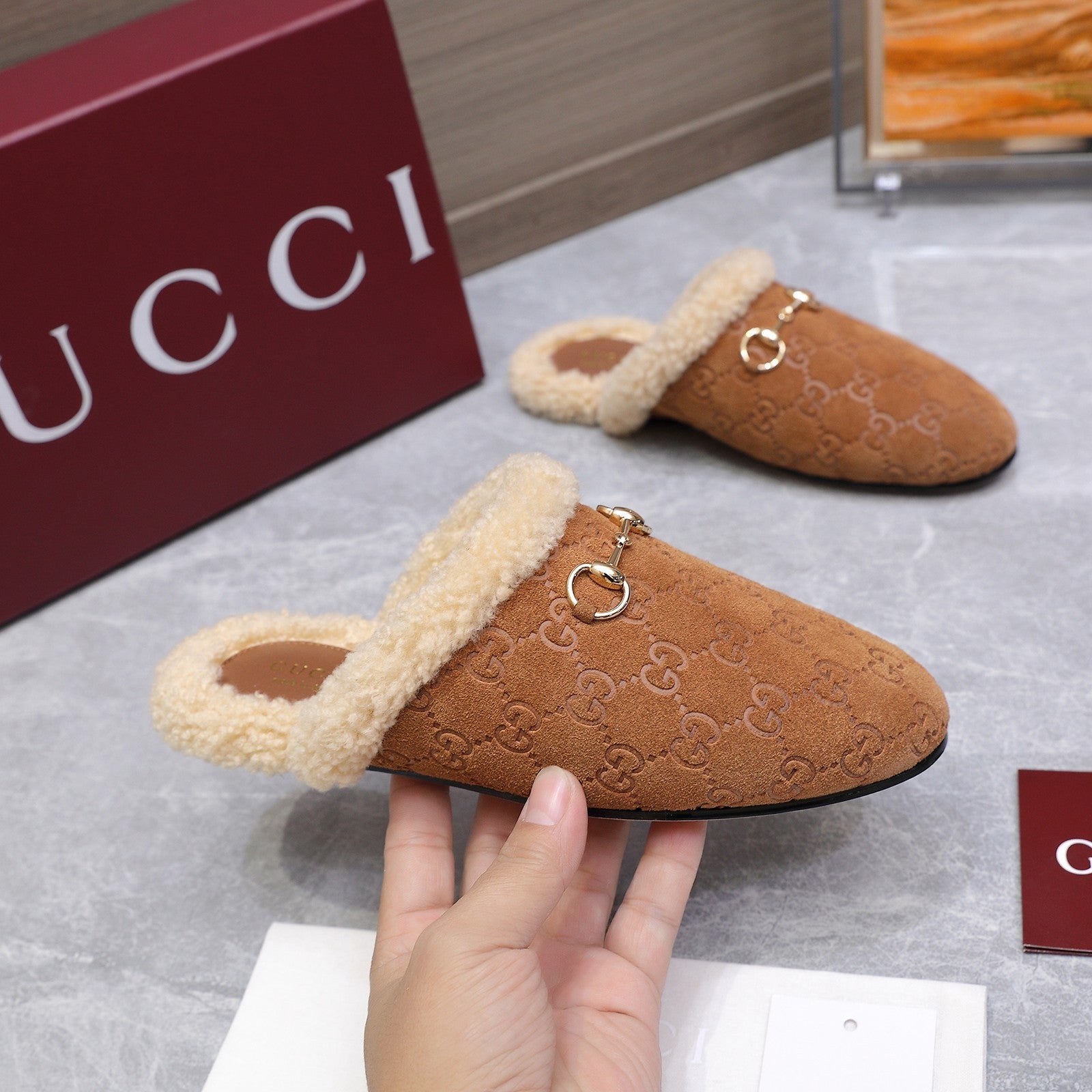 GG Horsebit Mules with Brown Insole Suede Shearing 547328