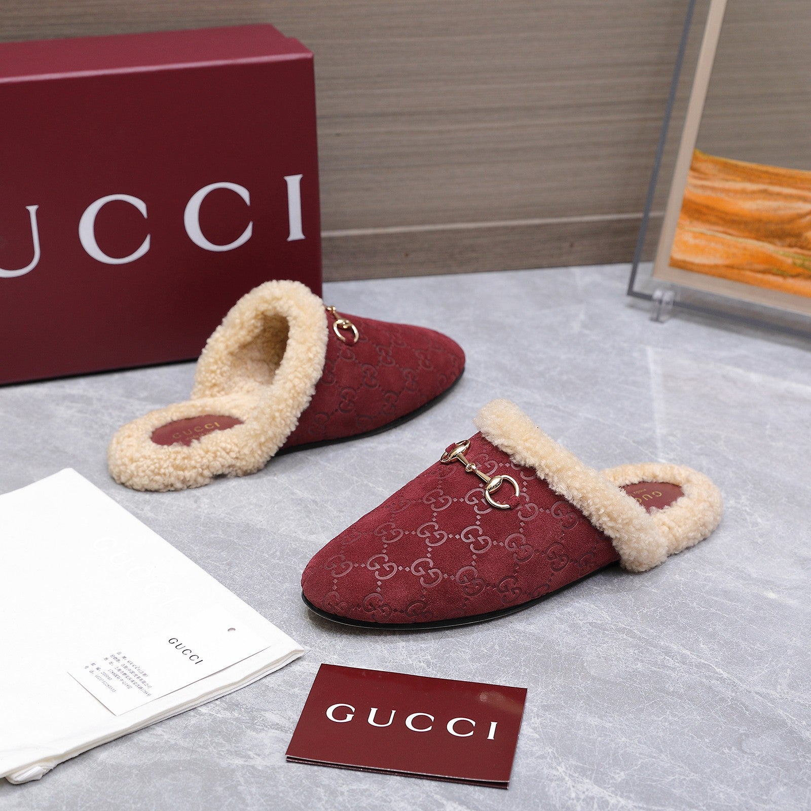 GG Horsebit Mules with Burgundy Insole Suede Shearing 547329