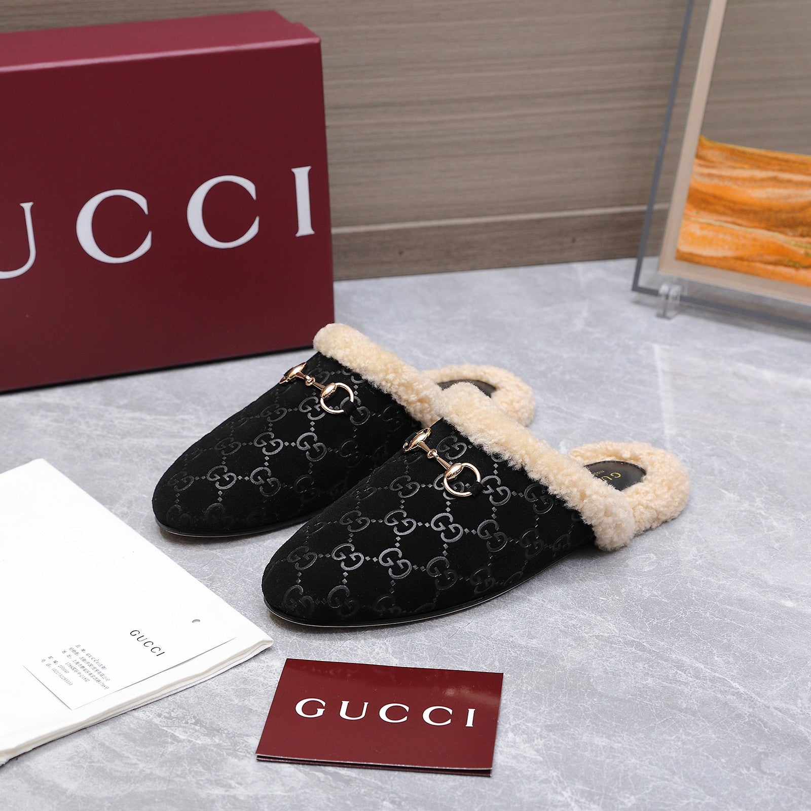 GG Horsebit Mules with Black Insole Suede Shearing 547331
