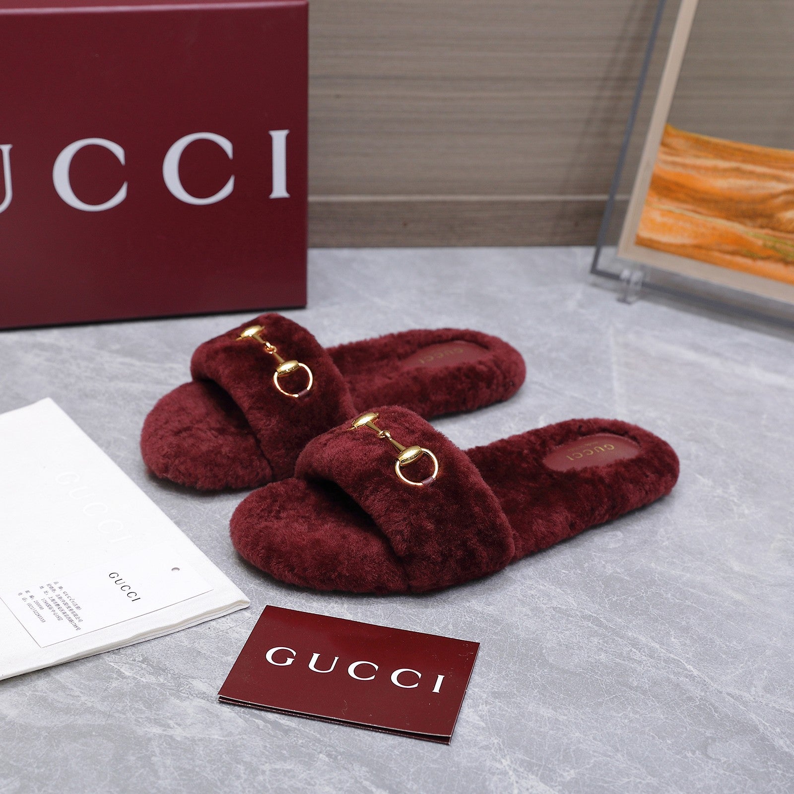 GG Women's Slide with Horsebit Burgundy Fur 600972