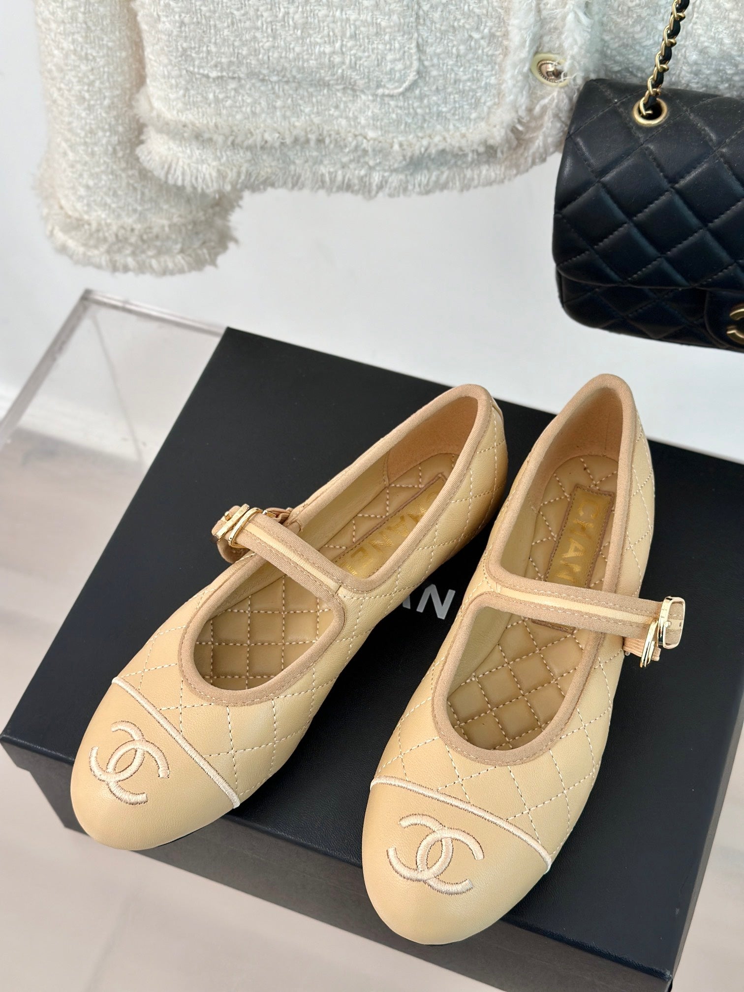 mary jane beige quilted lambskin