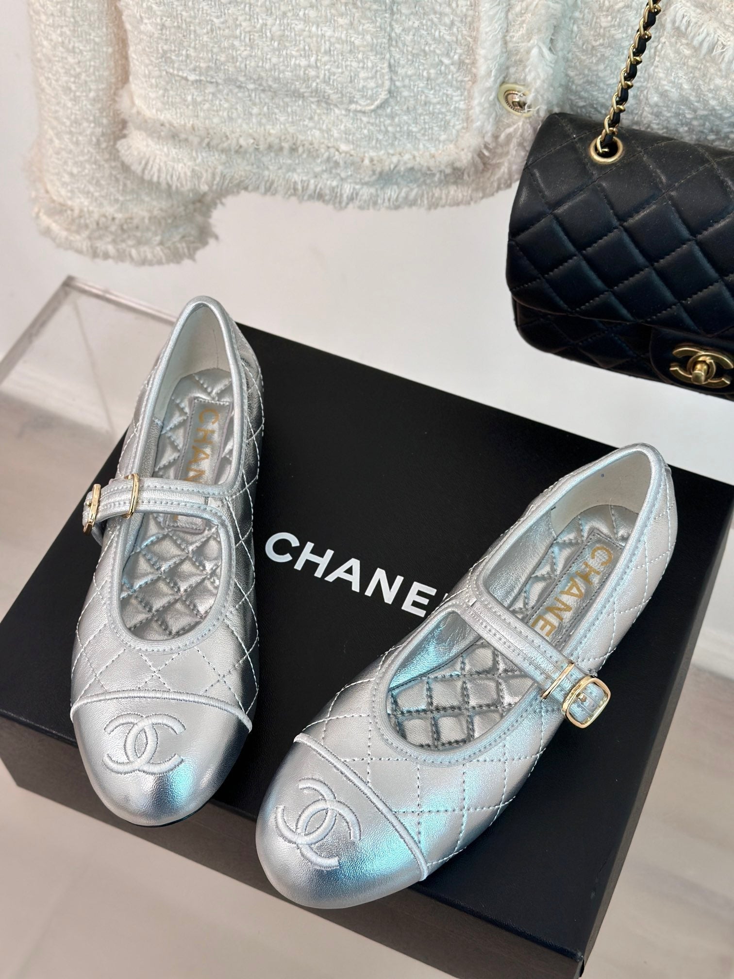 mary jane silver metalic quilted lambskin