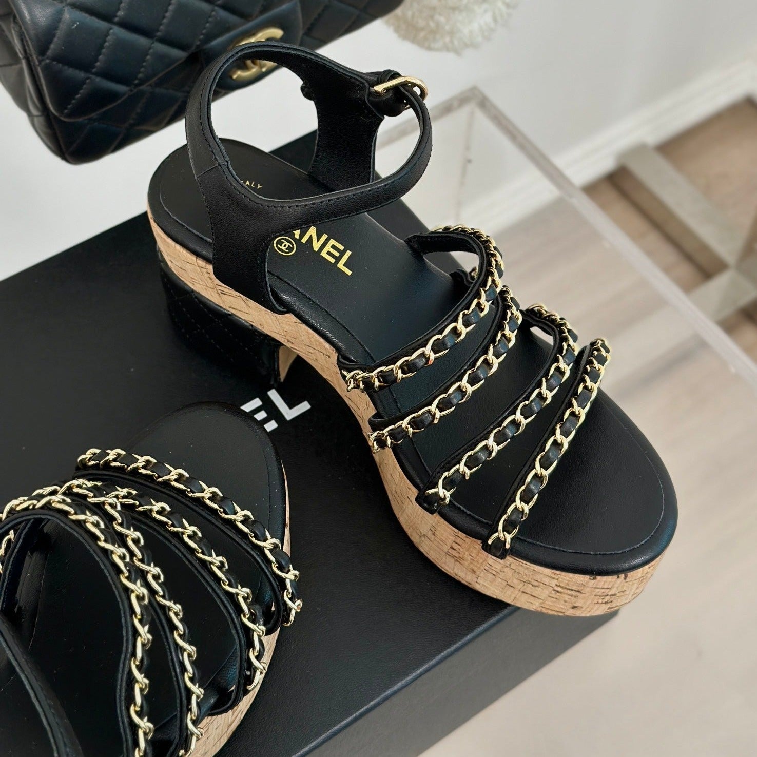 cc leather chain slingback sandal black calfskin