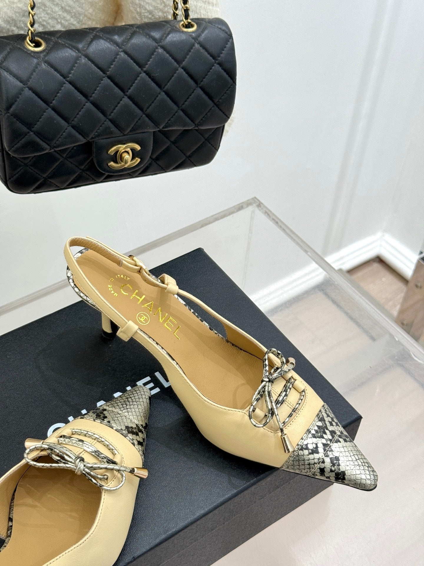 CC 25C Bowknot Slingback Sandal 60mm Beige Sheepskin Mix Python Pattern 265653