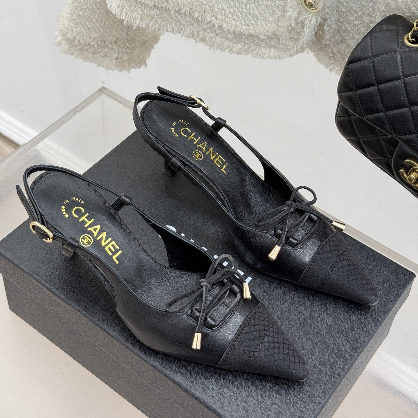 CC 25C Bowknot Slingback Sandal 60mm Black Sheepskin Black Grosgrain 265655
