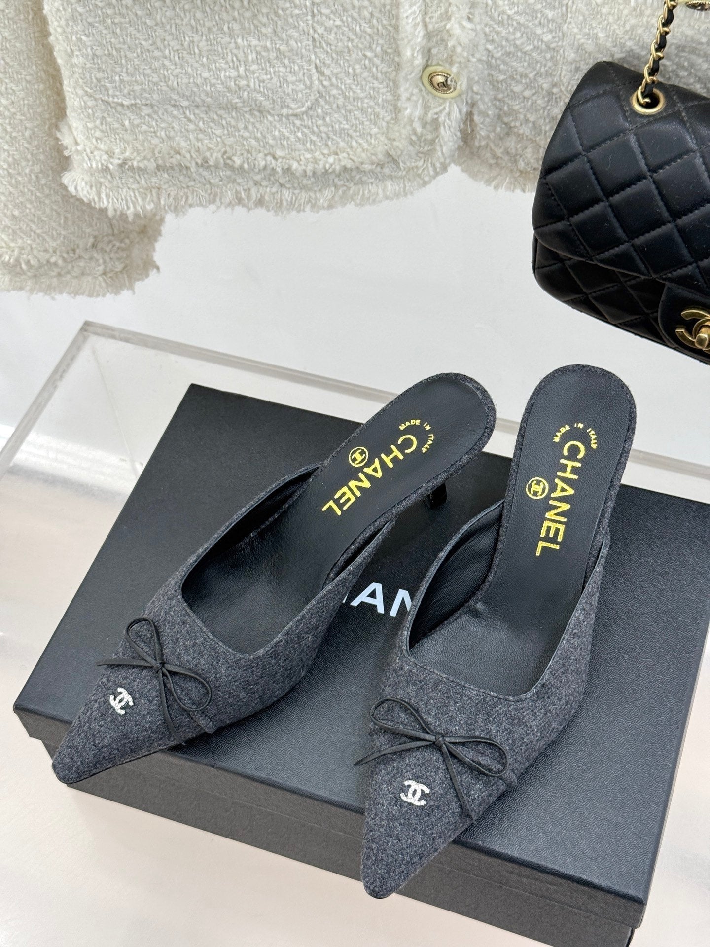 CC 25C Bowknot Pointed High Heel Half Slippers 60mm Black Linen 265662