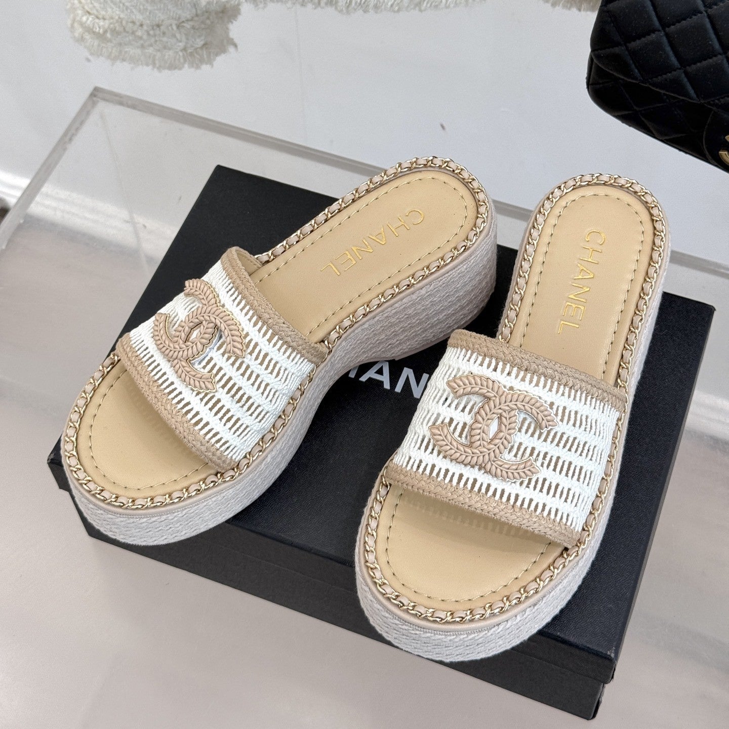 CC Mesh Hollow Chain Double C Thick-Soled Slippers 70mm Beige White 265648