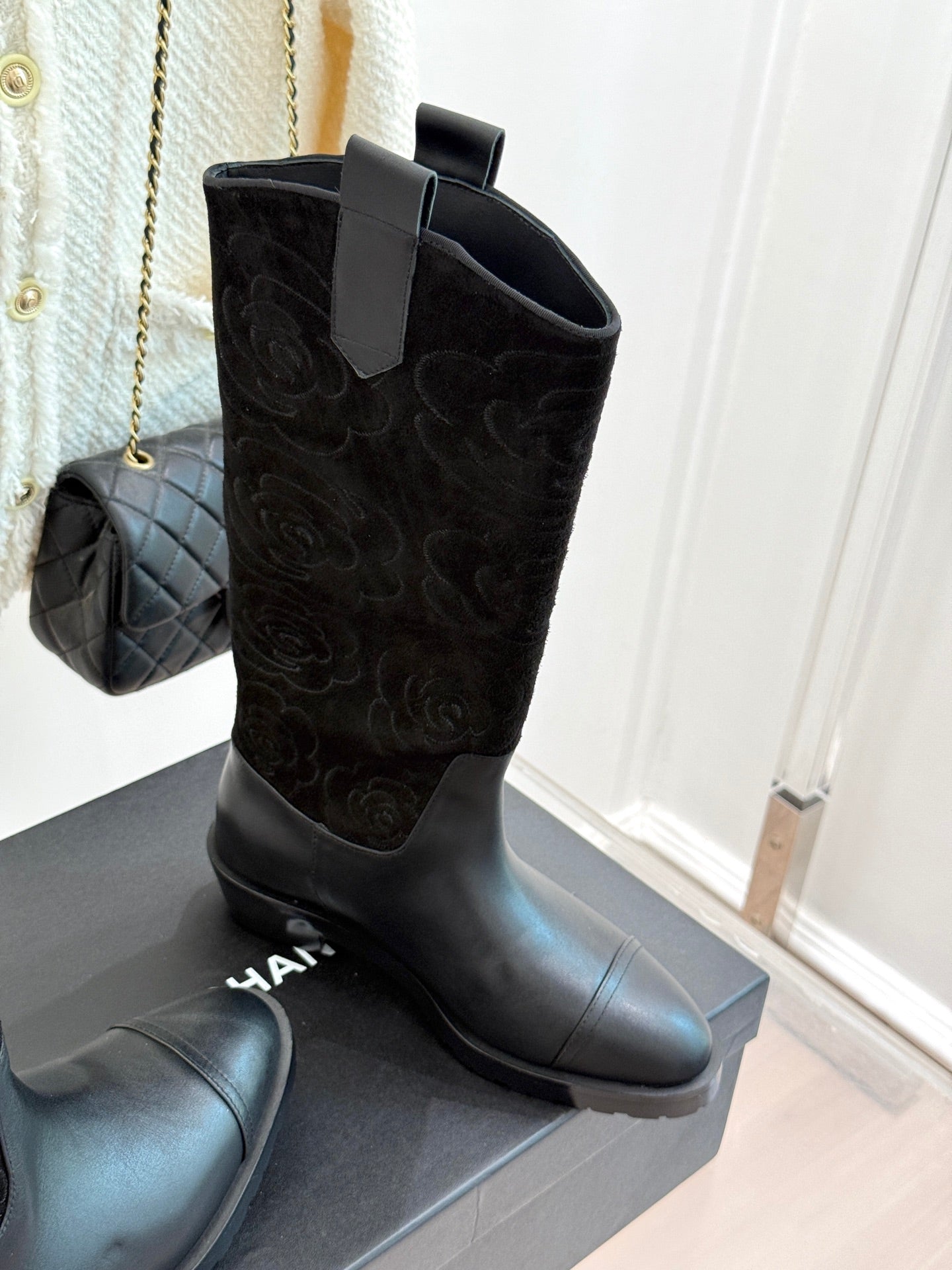 CC cowboy mid-calf boots black sheepskin suede 511984