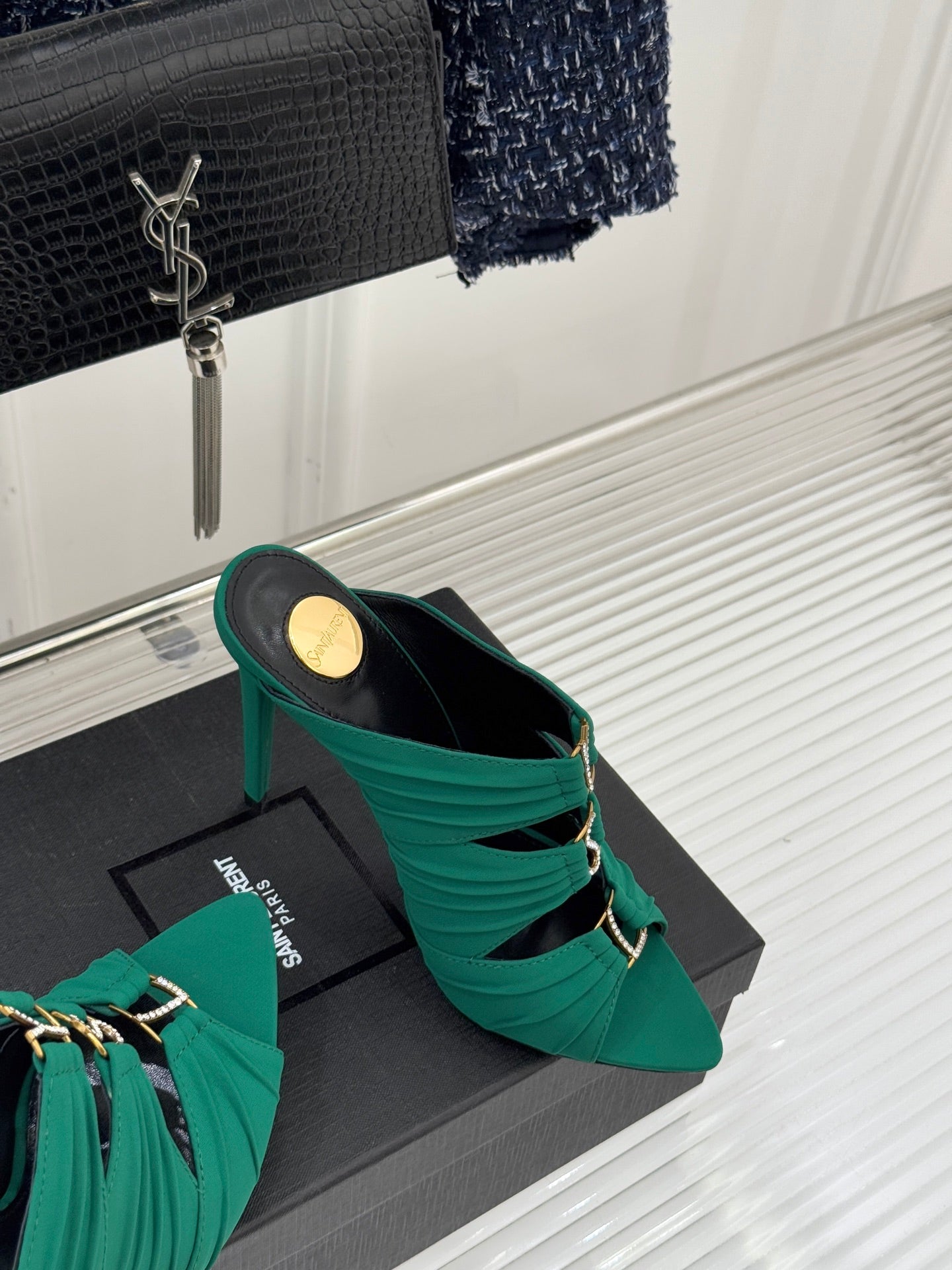 YSL Emilie Stiletto Mule Sandals 11cm Teal Green Satin 642914