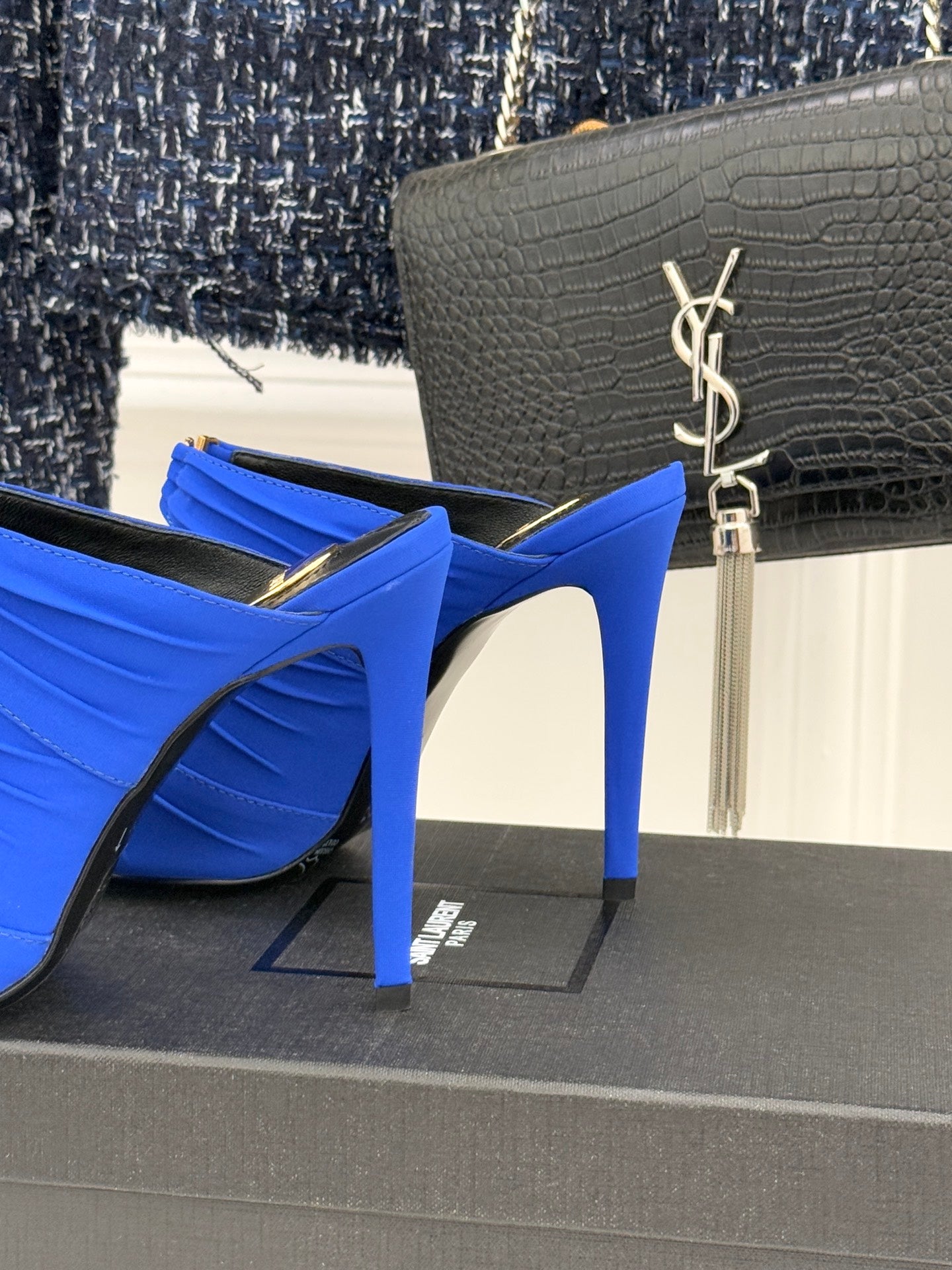 YSL Emilie Stiletto Mule Sandals 11cm Blue Satin 642915