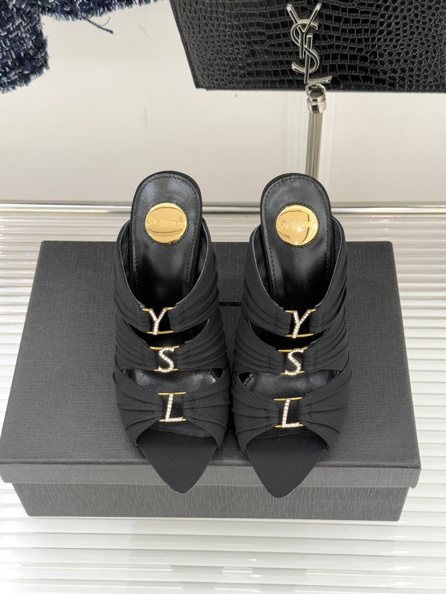 YSL Emilie Stiletto Mule Sandals 11cm Black Satin 642916