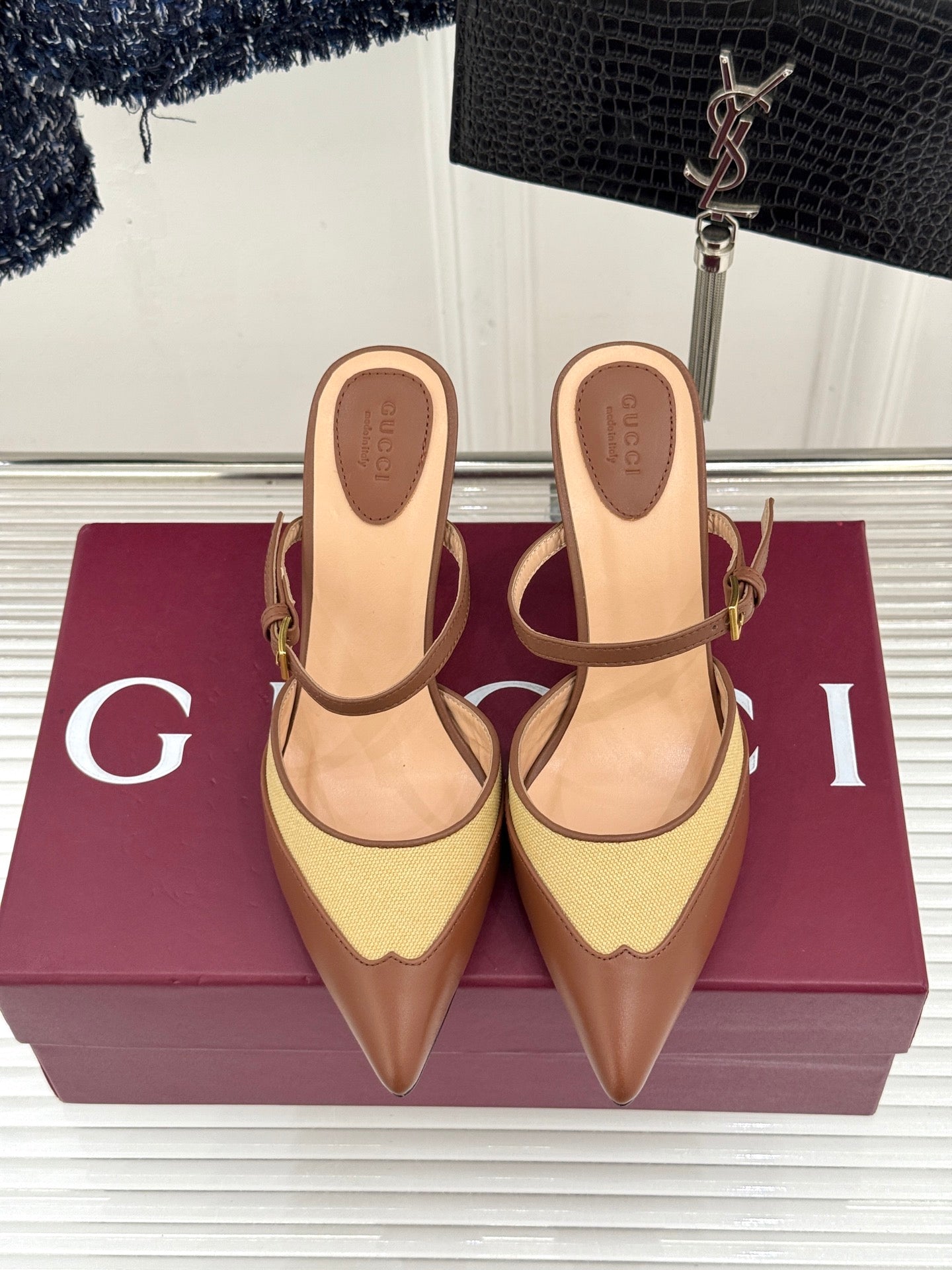 GG 26WF Mules 9.5cm Brown Beige Leather Canvas 886167