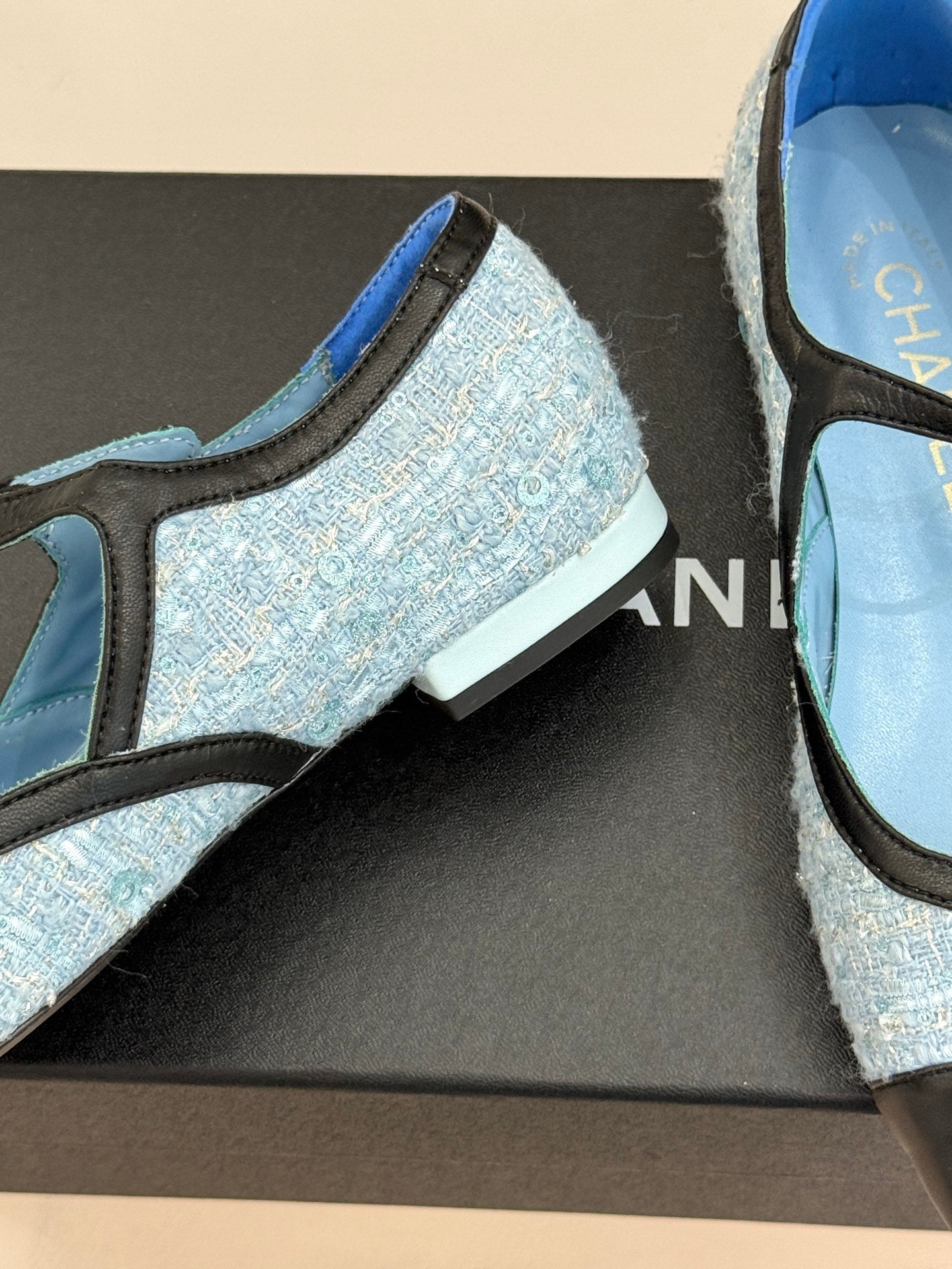 CC 26s Square-Toe Mary Jane Shoes Black Blue Tweed Leather 920423