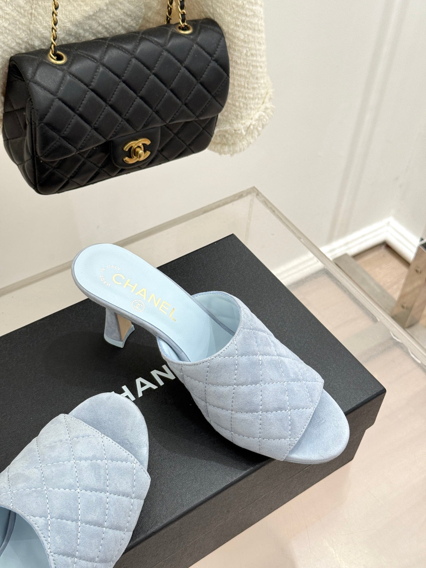 CC 26s High-Heeled Sandals Light Blue Diamond-Patterned Suede 920298