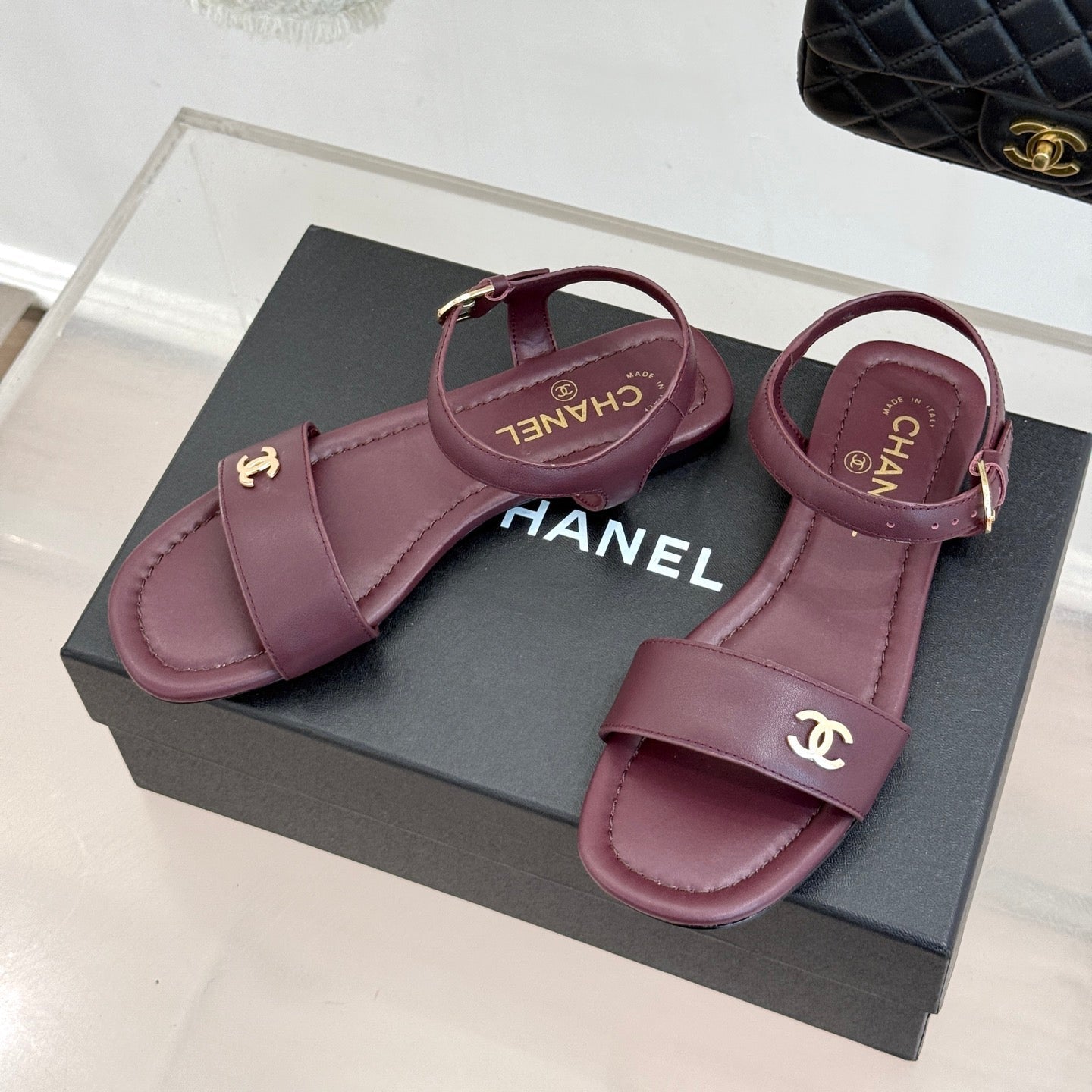 CC 26s Strap Flat Sandals Burgundy Lambskin 920331