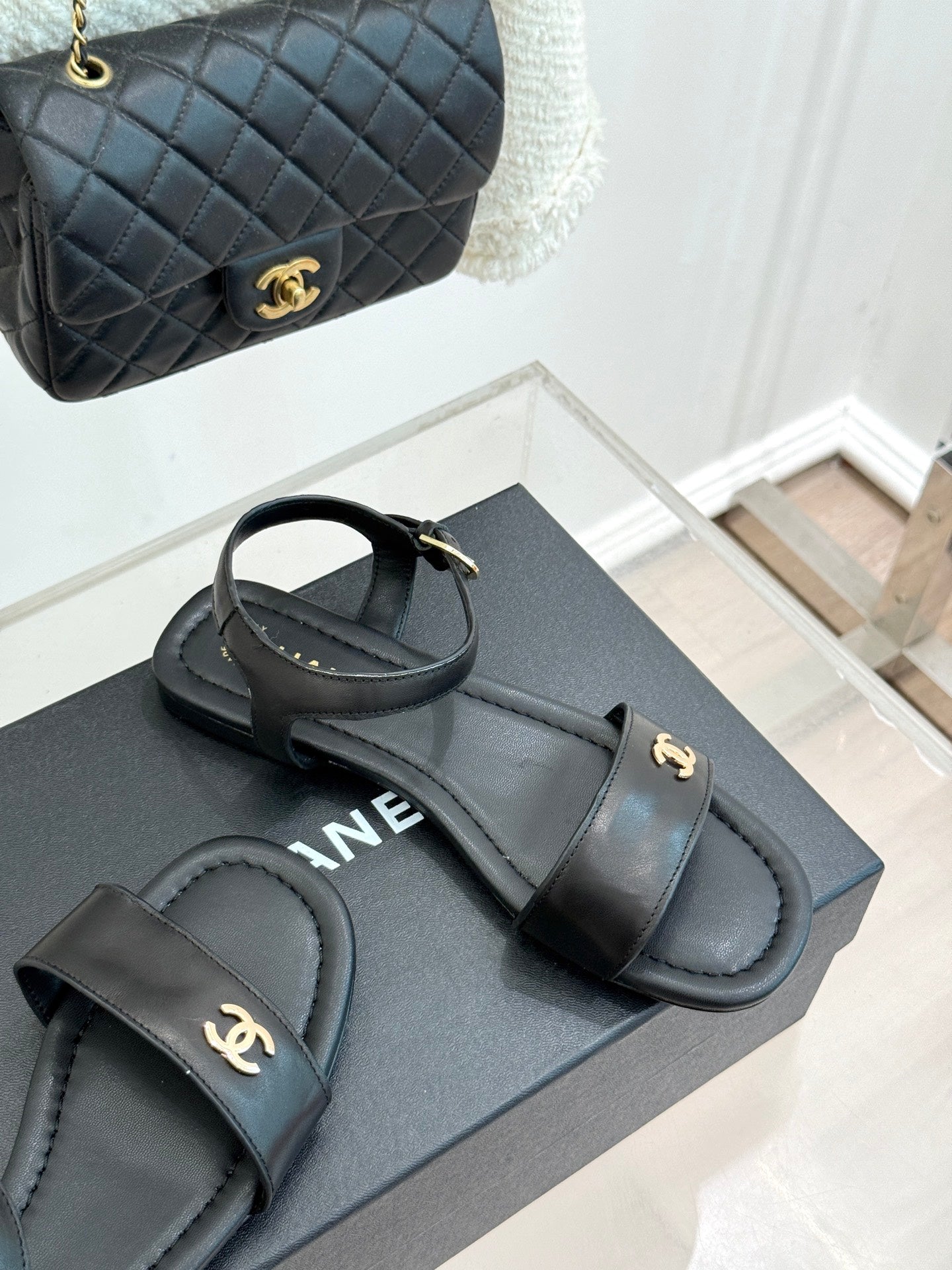 CC 26s Strap Flat Sandals Black Lambskin 920333