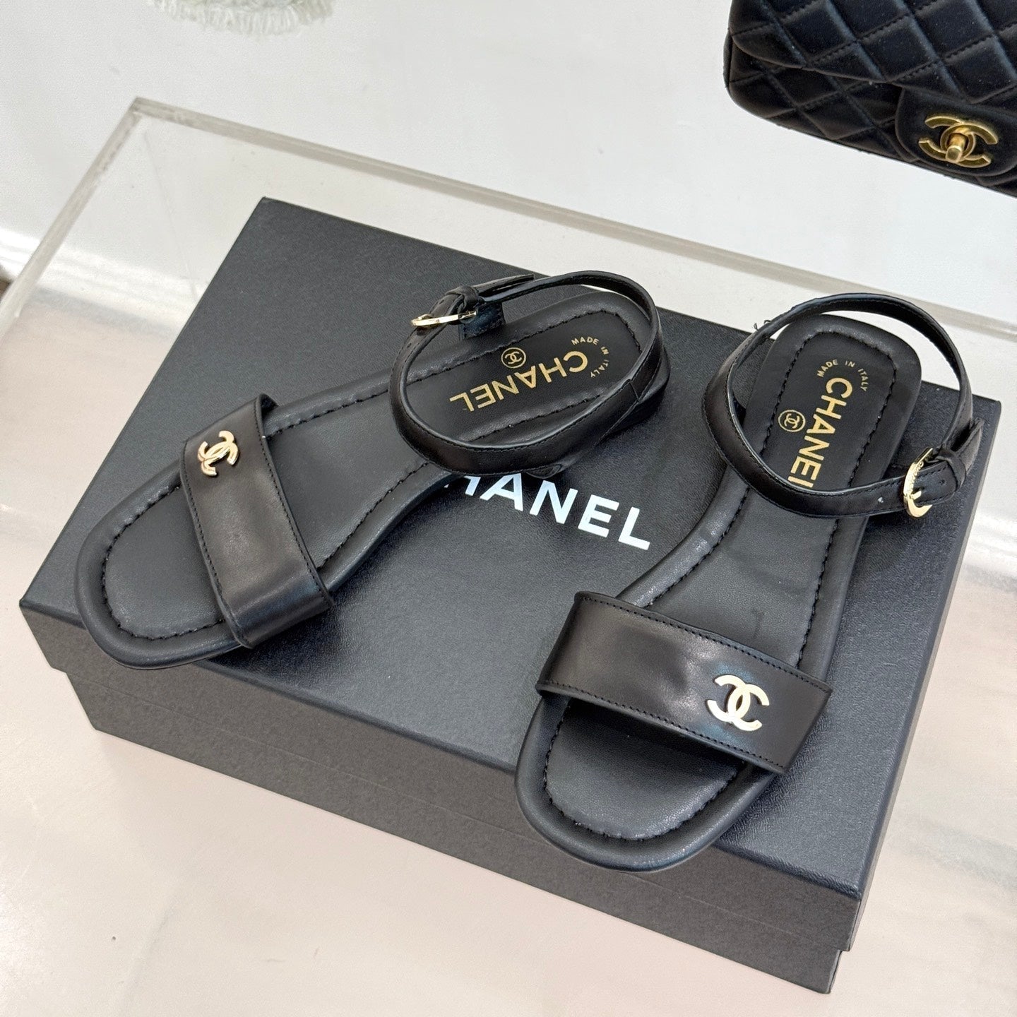 CC 26s Strap Flat Sandals Black Lambskin 920333