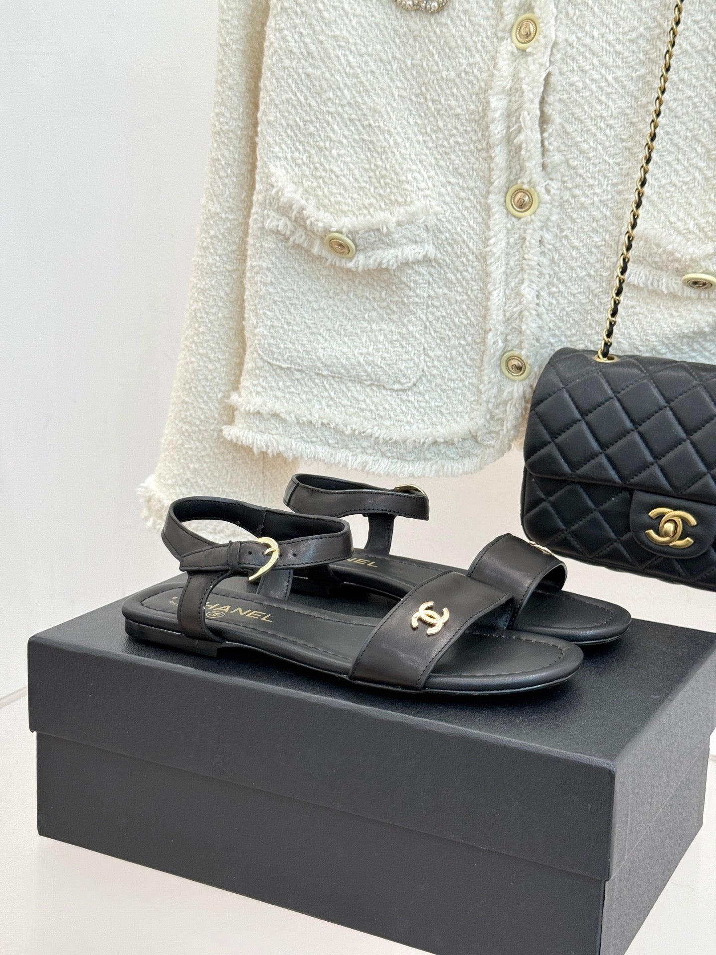 CC 26s Strap Flat Sandals Black Lambskin 920333