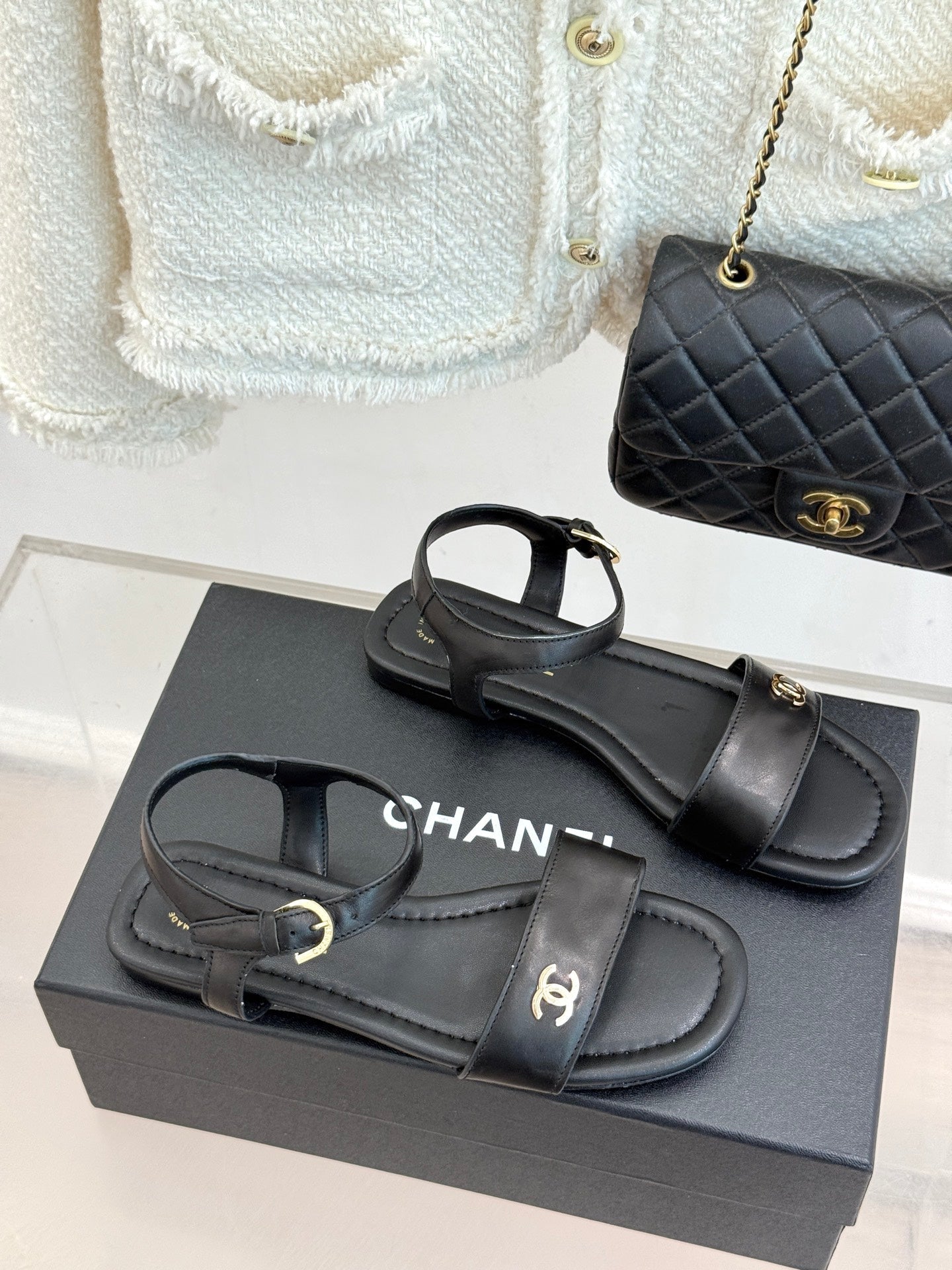 CC 26s Strap Flat Sandals Black Lambskin 920333