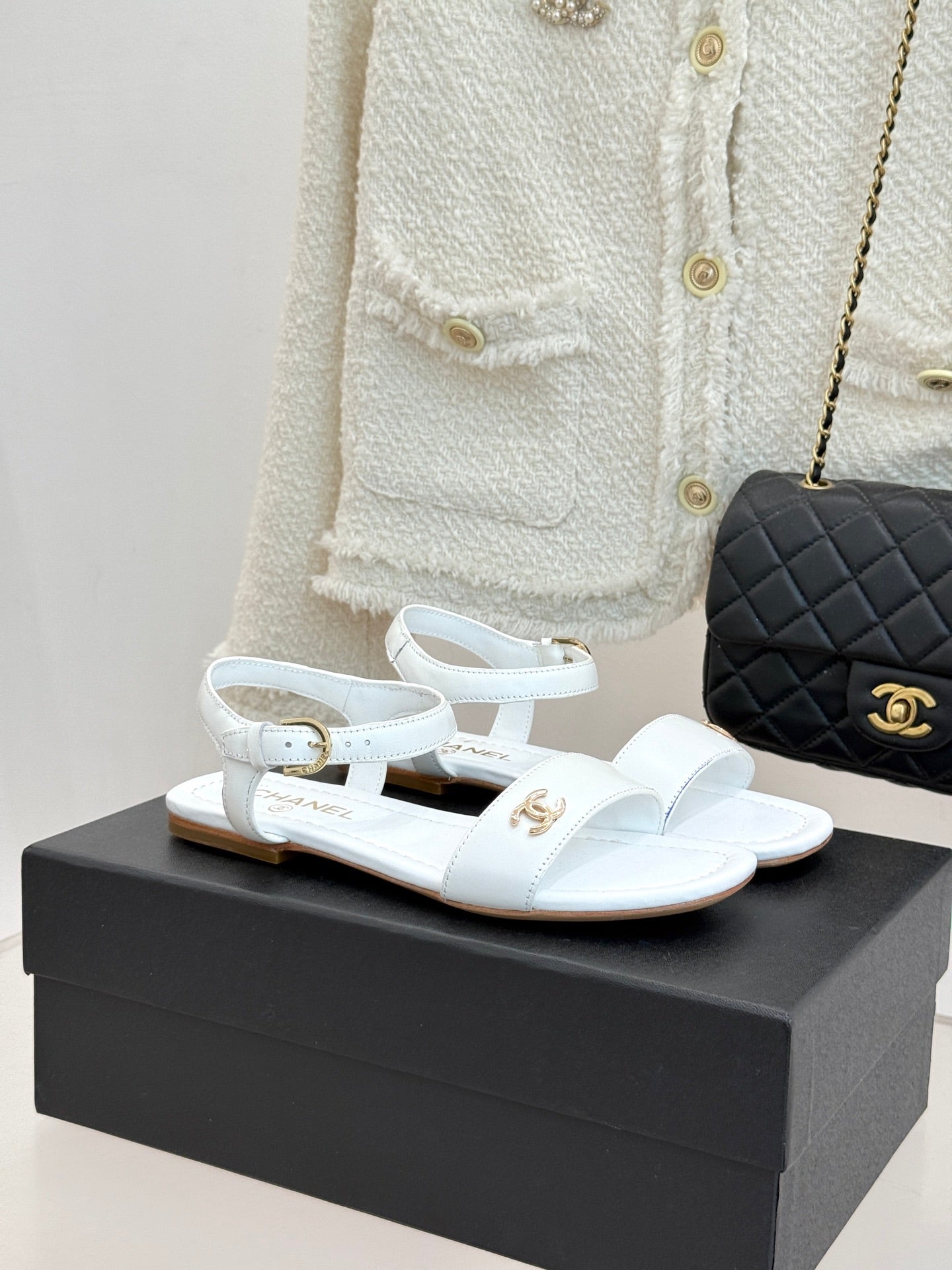 CC 26s Strap Flat Sandals White Lambskin 920334