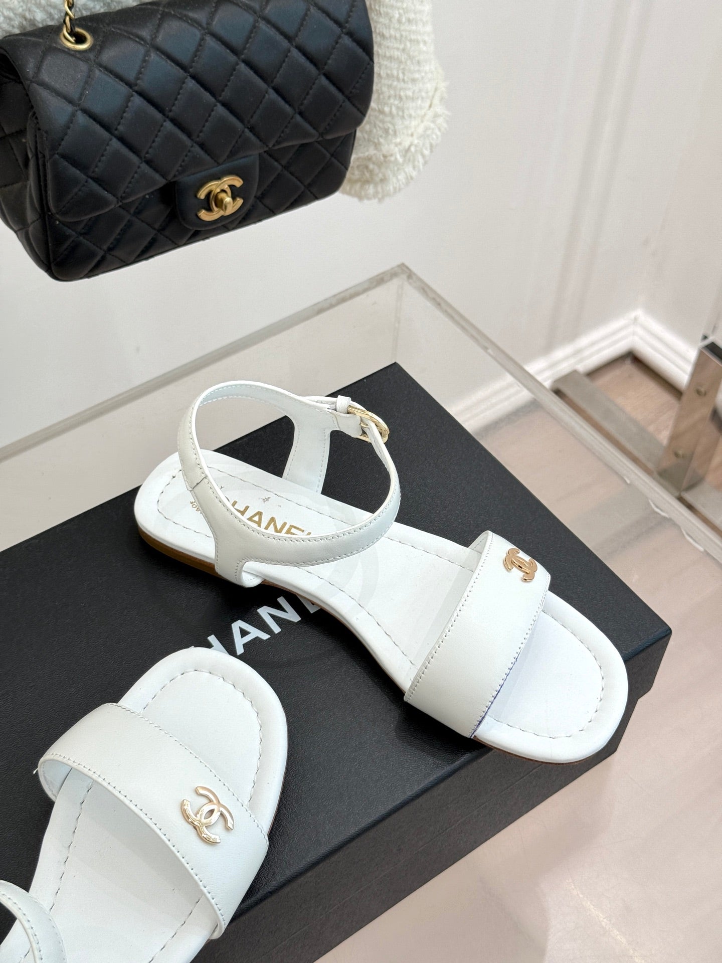 CC 26s Strap Flat Sandals White Lambskin 920334