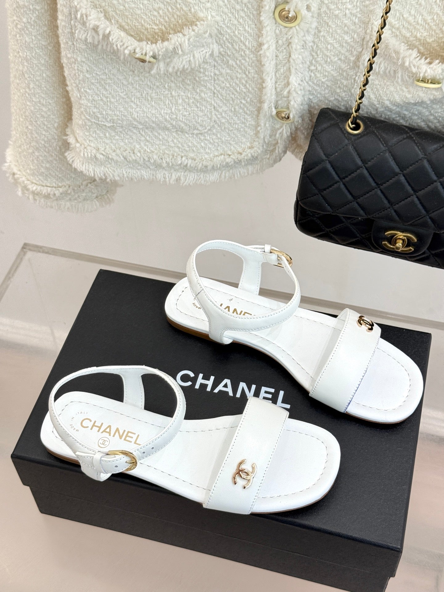 CC 26s Strap Flat Sandals White Lambskin 920334