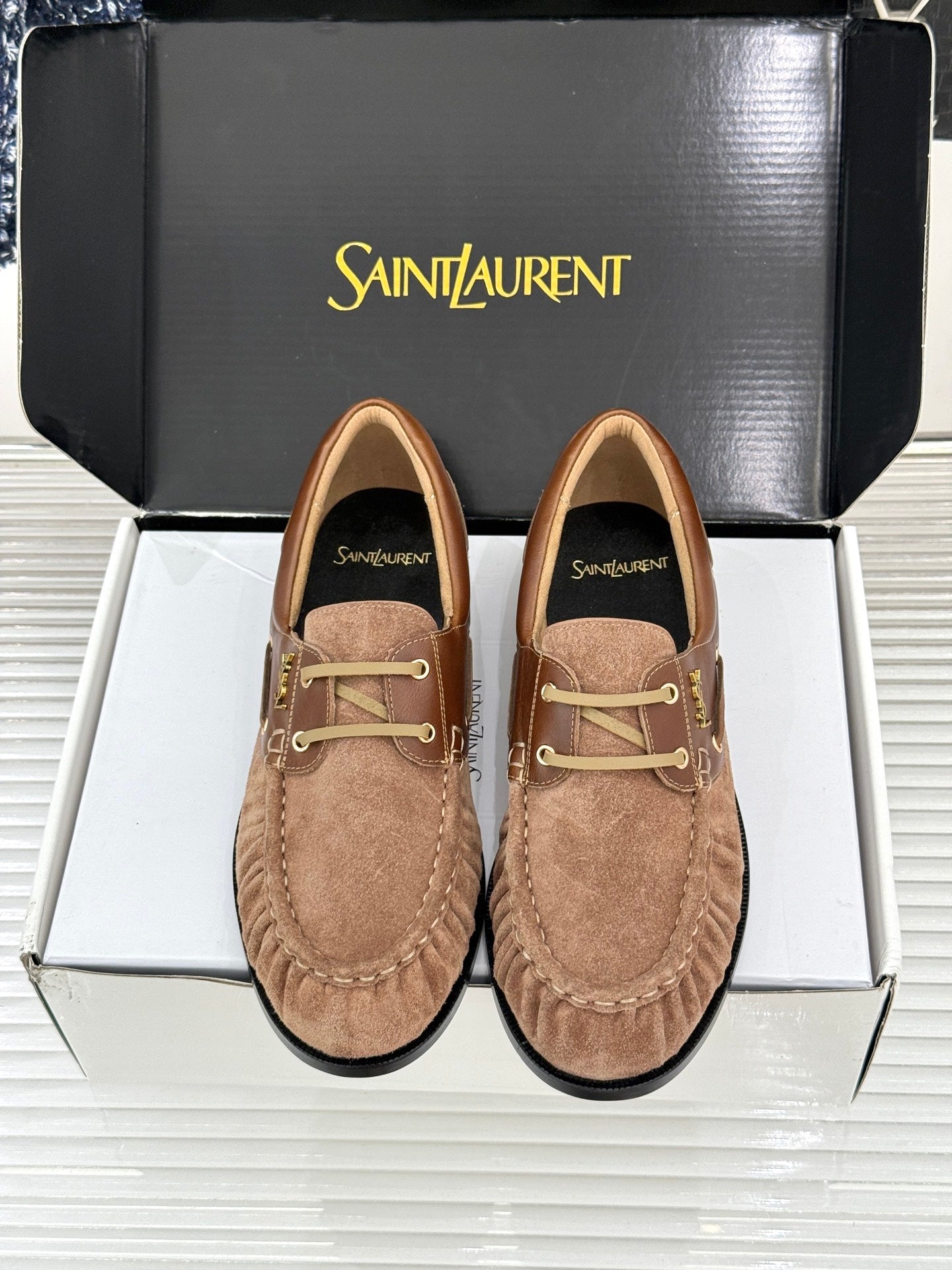 YSL 26s Le Bateau Loafer Dark Brown Calfskin Suede 992280