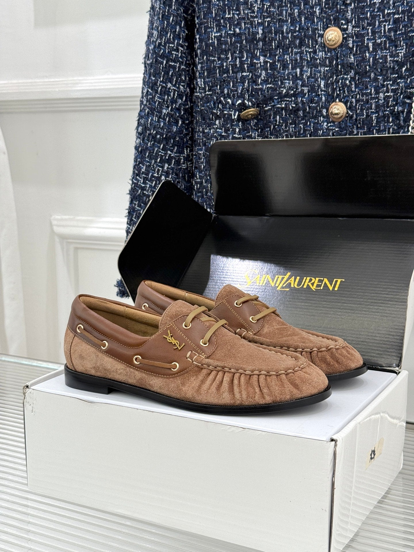 YSL 26s Le Bateau Loafer Dark Brown Calfskin Suede 992280