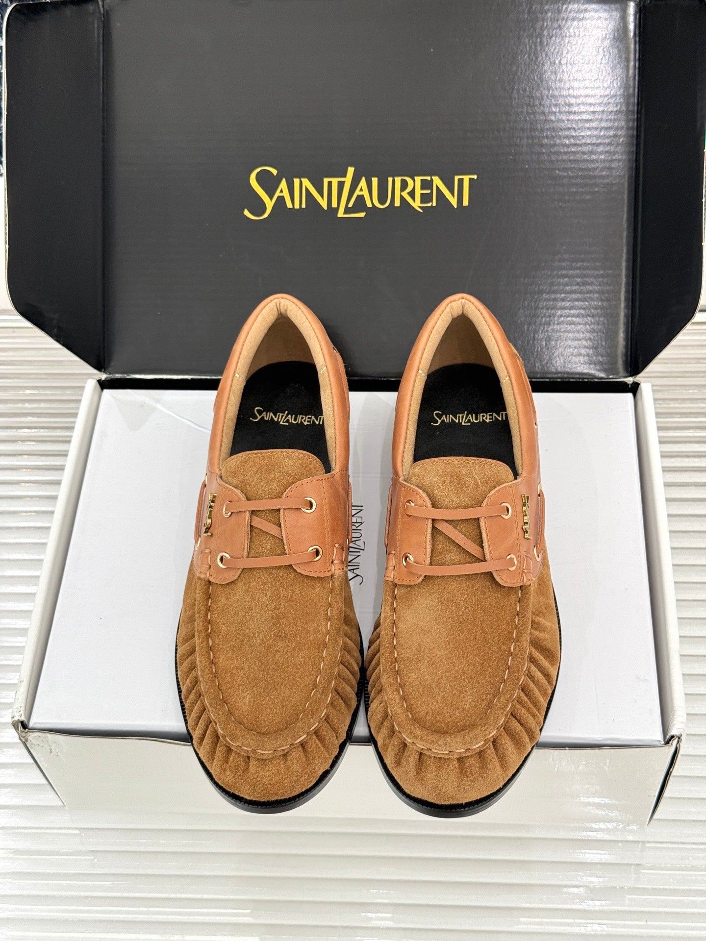 YSL 26s Le Bateau Loafer Tan Brown Calfskin Suede 992281