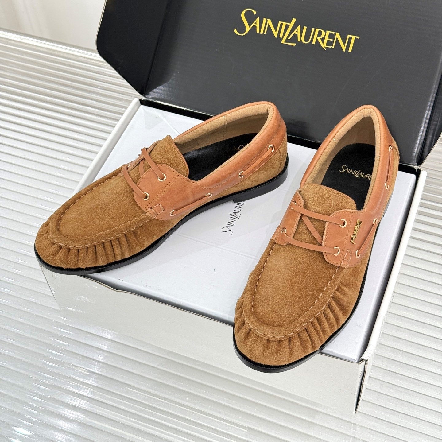 YSL 26s Le Bateau Loafer Tan Brown Calfskin Suede 992281