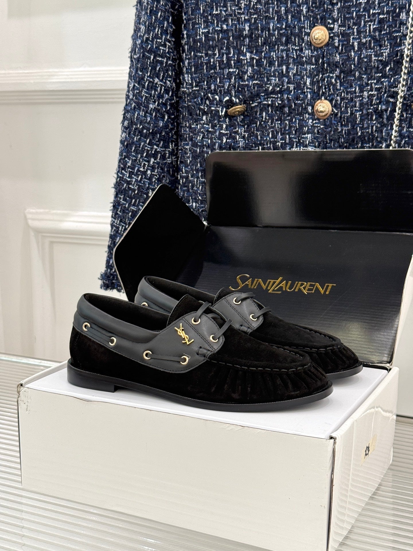 YSL 26s Le Bateau Loafer Black Calfskin Suede 992282