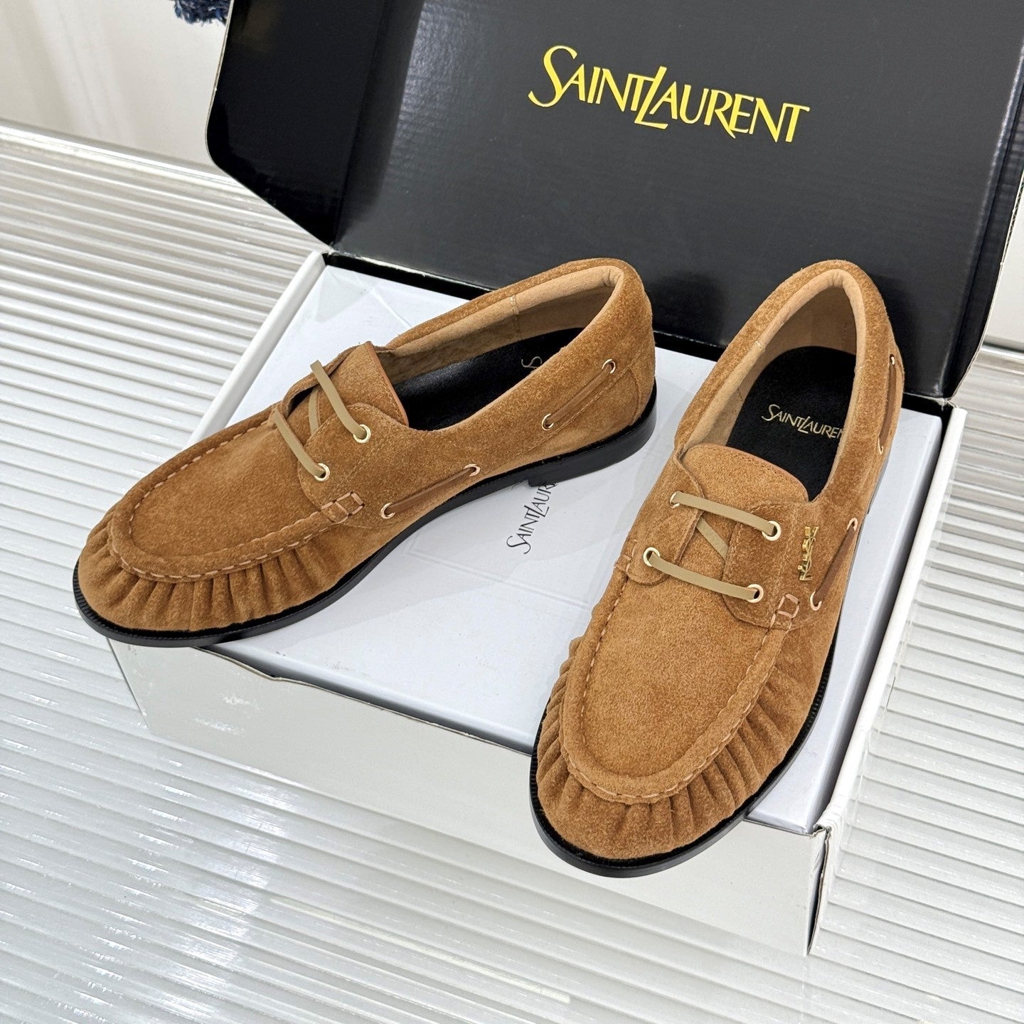 YSL 26s Le Bateau Loafer Tan Brown Suede 992286